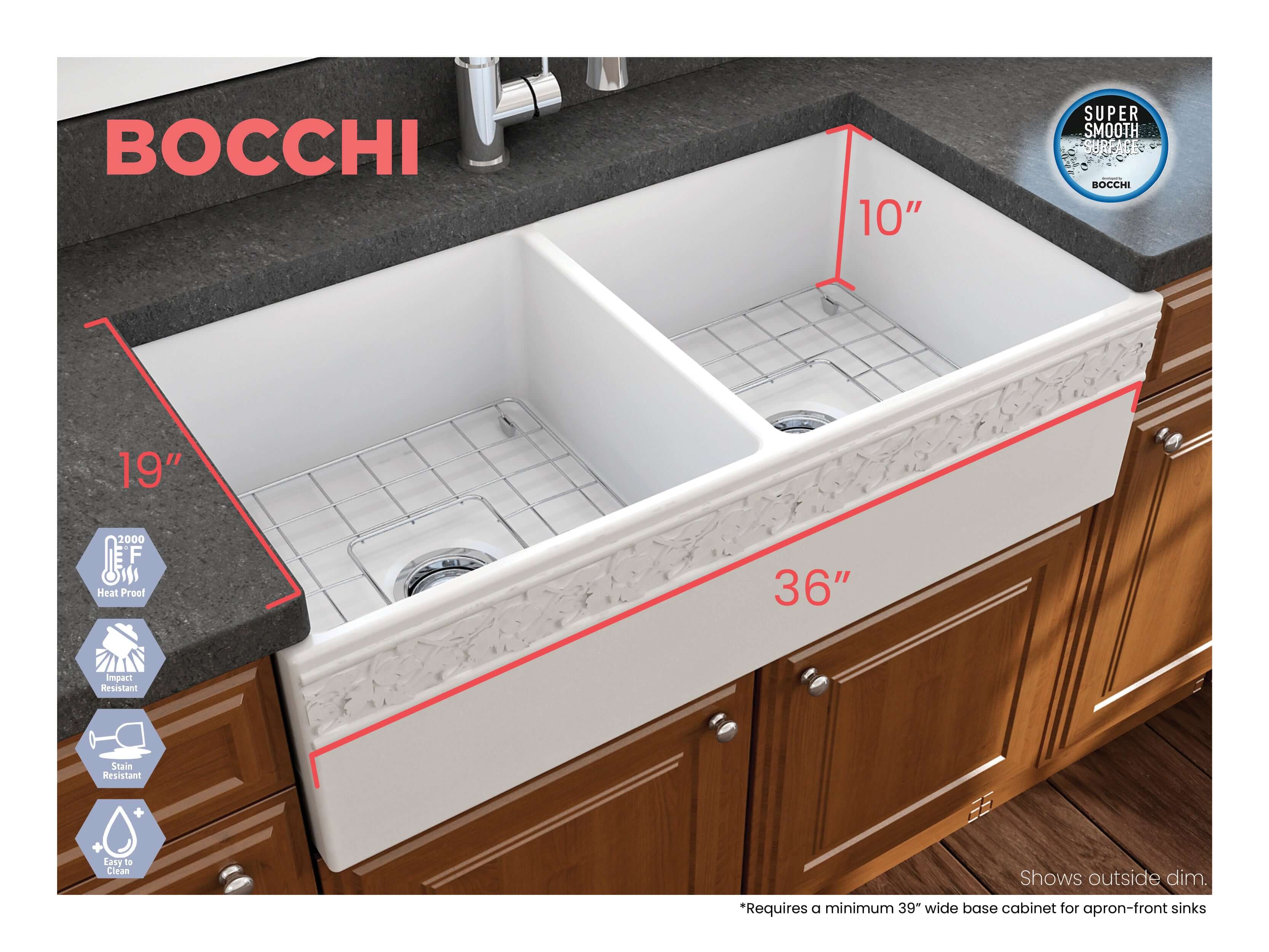 Alternate Image for BOCCHI Vigneto 36" Fireclay Farmhouse Apron 50/50 Double Bowl Kitchen Sink, Matte White, 1351-002-0120