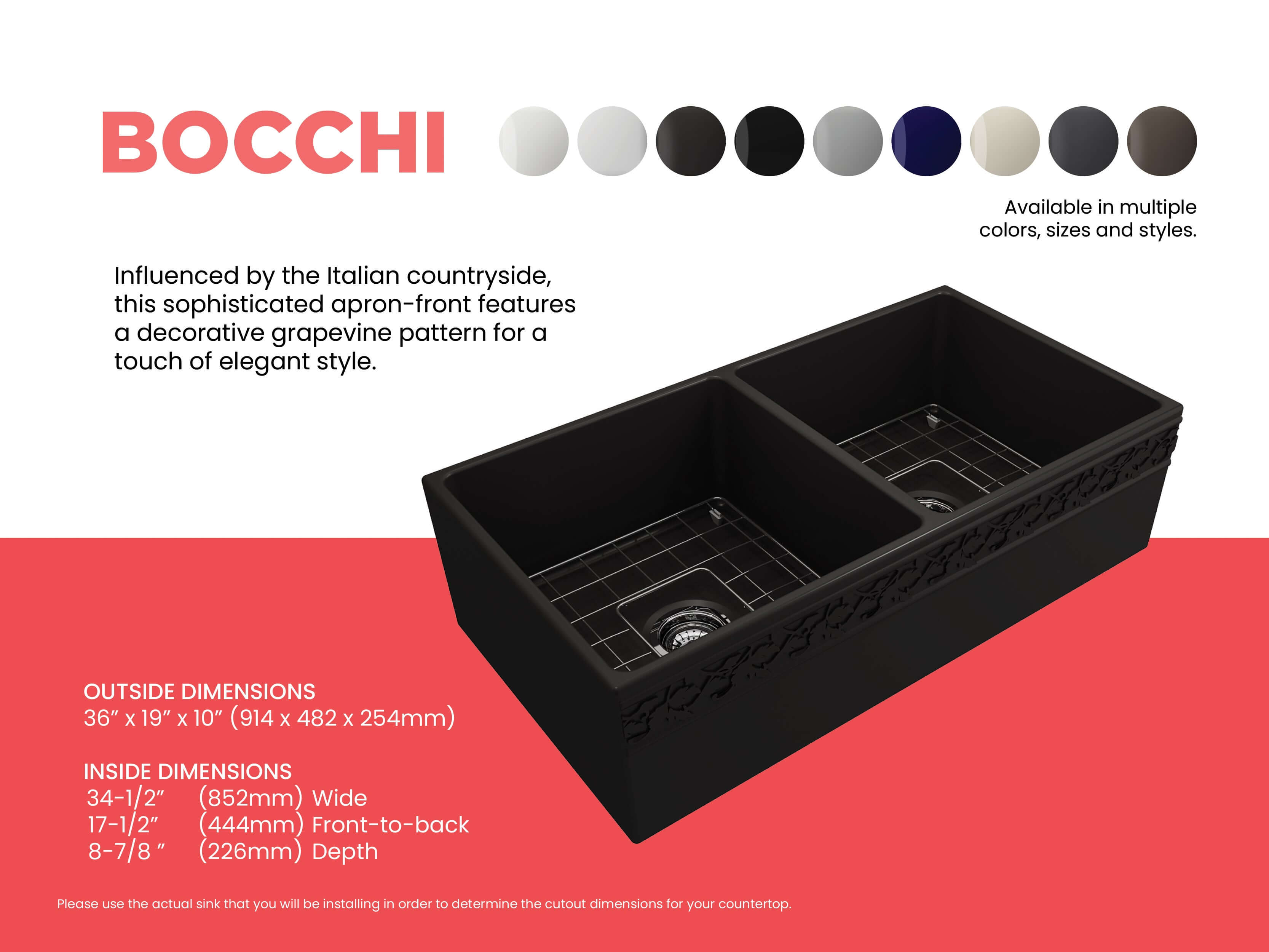 Alternate Image for BOCCHI Vigneto 36" Fireclay Farmhouse Apron 50/50 Double Bowl Kitchen Sink, Matte Black, 1351-004-0120
