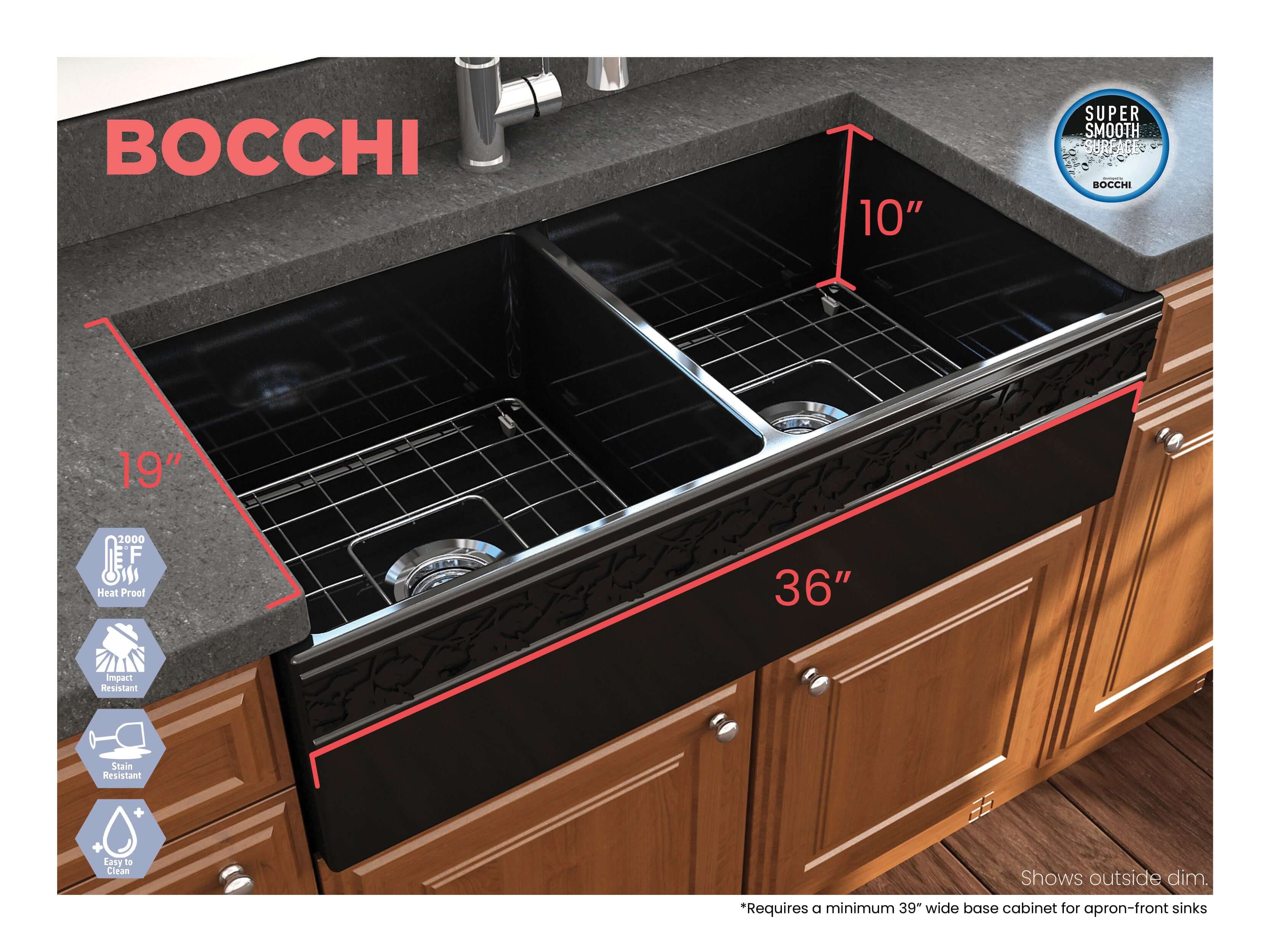 Alternate Image for BOCCHI Vigneto 36" Fireclay Farmhouse Apron 50/50 Double Bowl Kitchen Sink, Black, 1351-005-0120
