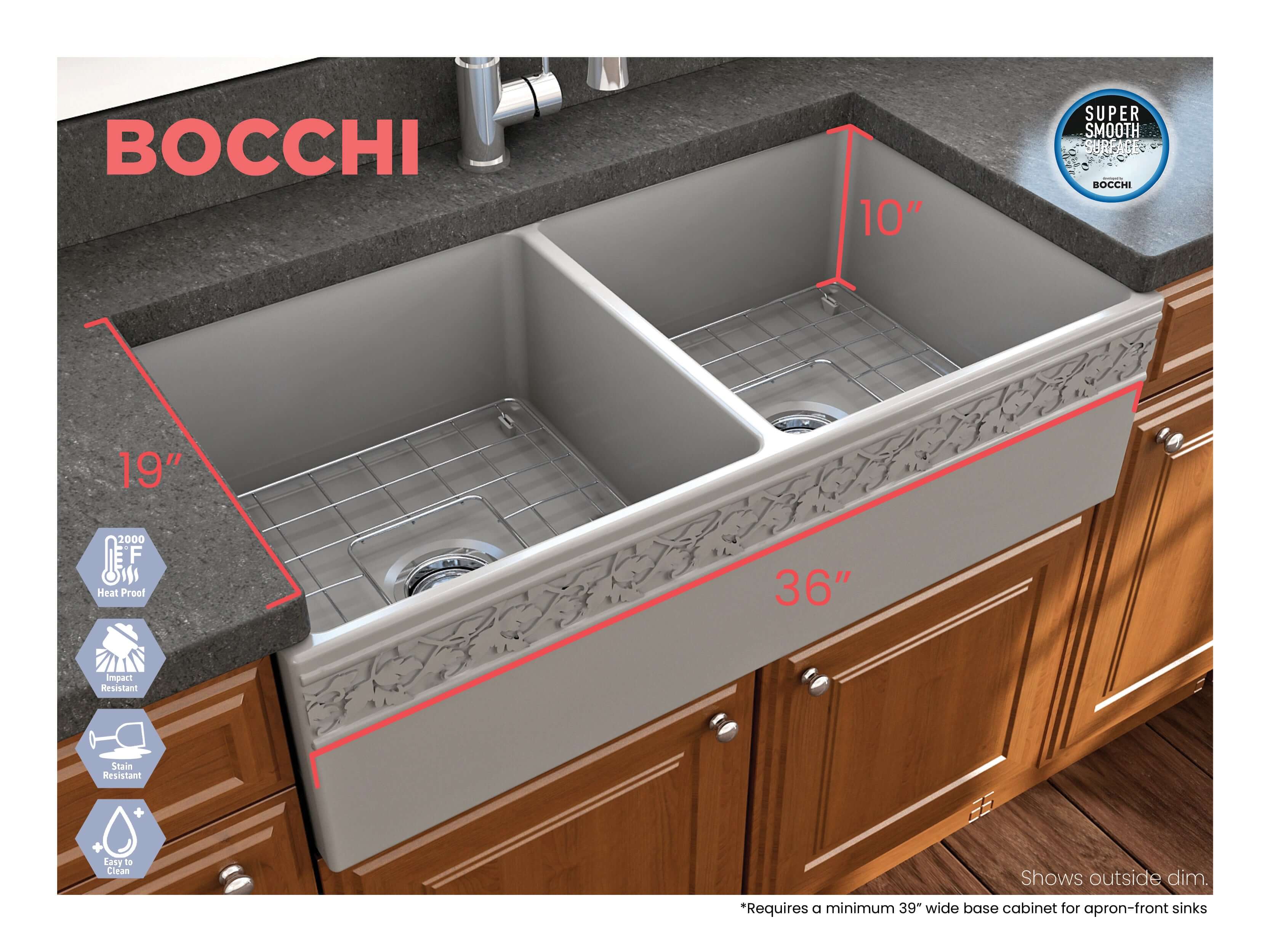 Alternate Image for BOCCHI Vigneto 36" Fireclay Farmhouse Apron 50/50 Double Bowl Kitchen Sink, Matte Gray, 1351-006-0120
