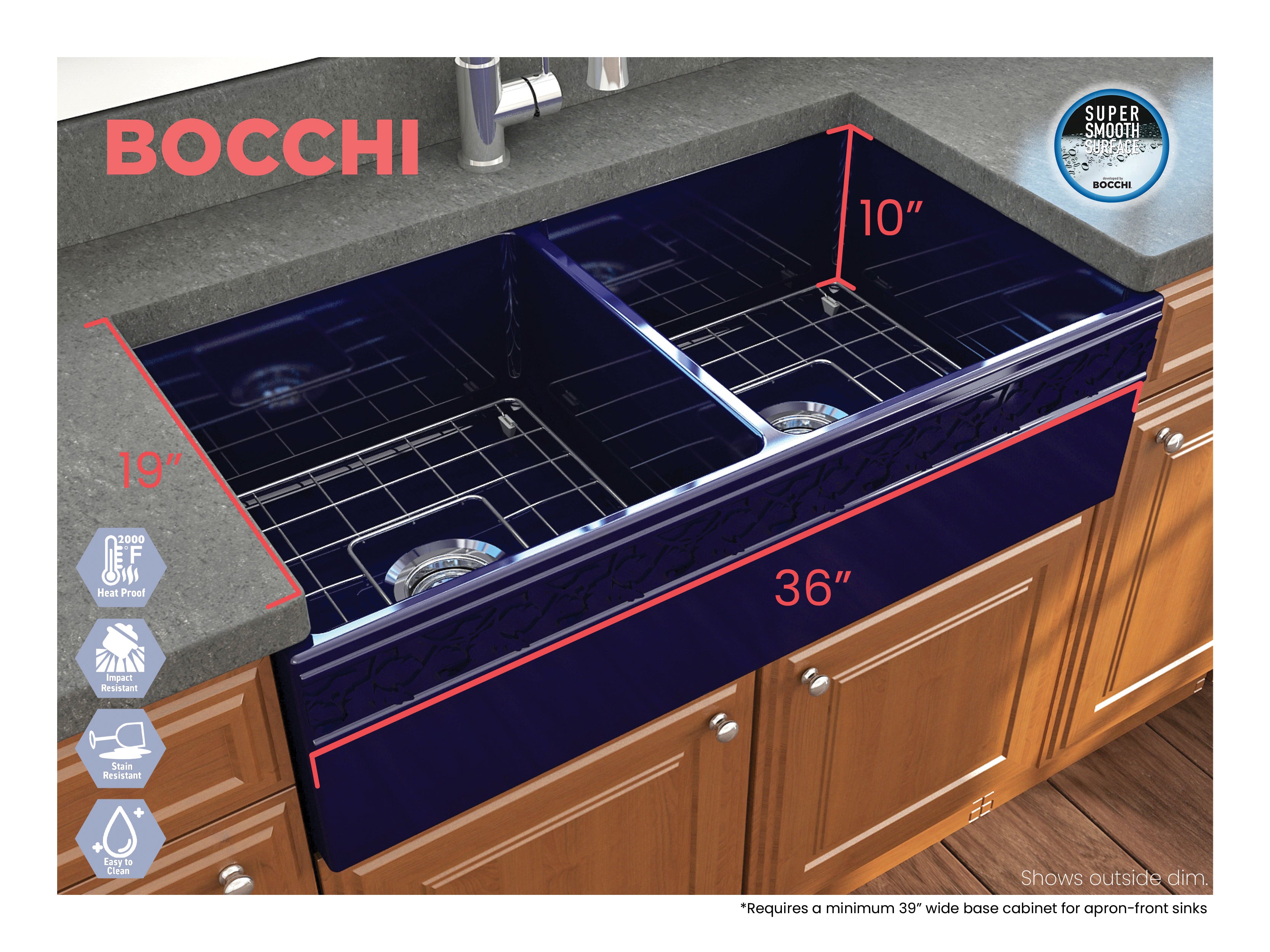 Alternate Image for BOCCHI Vigneto 36" Fireclay Farmhouse Apron 50/50 Double Bowl Kitchen Sink, Sapphire Blue, 1351-010-0120