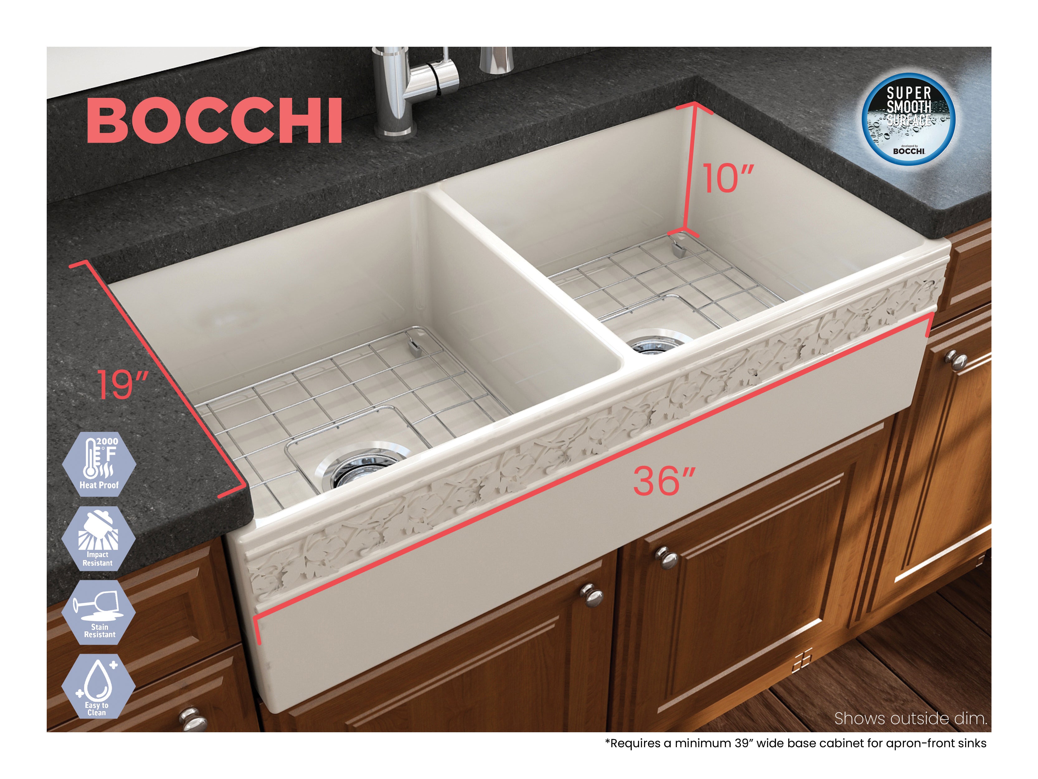 BOCCHI Vigneto 36" Fireclay Farmhouse Apron 50/50 Double Bowl Kitchen Sink, Biscuit, 1351-014-0120