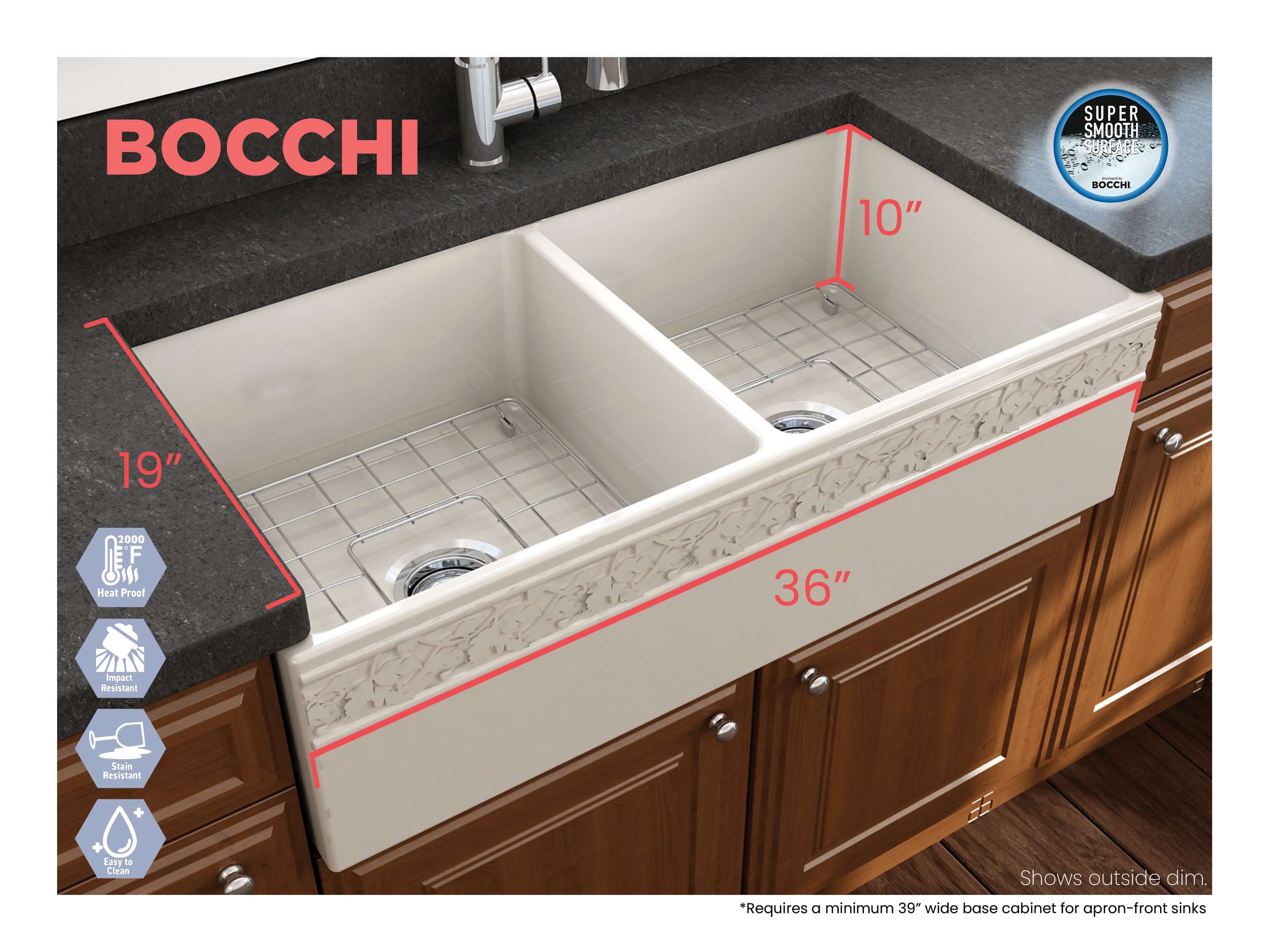 Alternate Image for BOCCHI Vigneto 36" Fireclay Farmhouse Apron 50/50 Double Bowl Kitchen Sink, Biscuit, 1351-014-0120