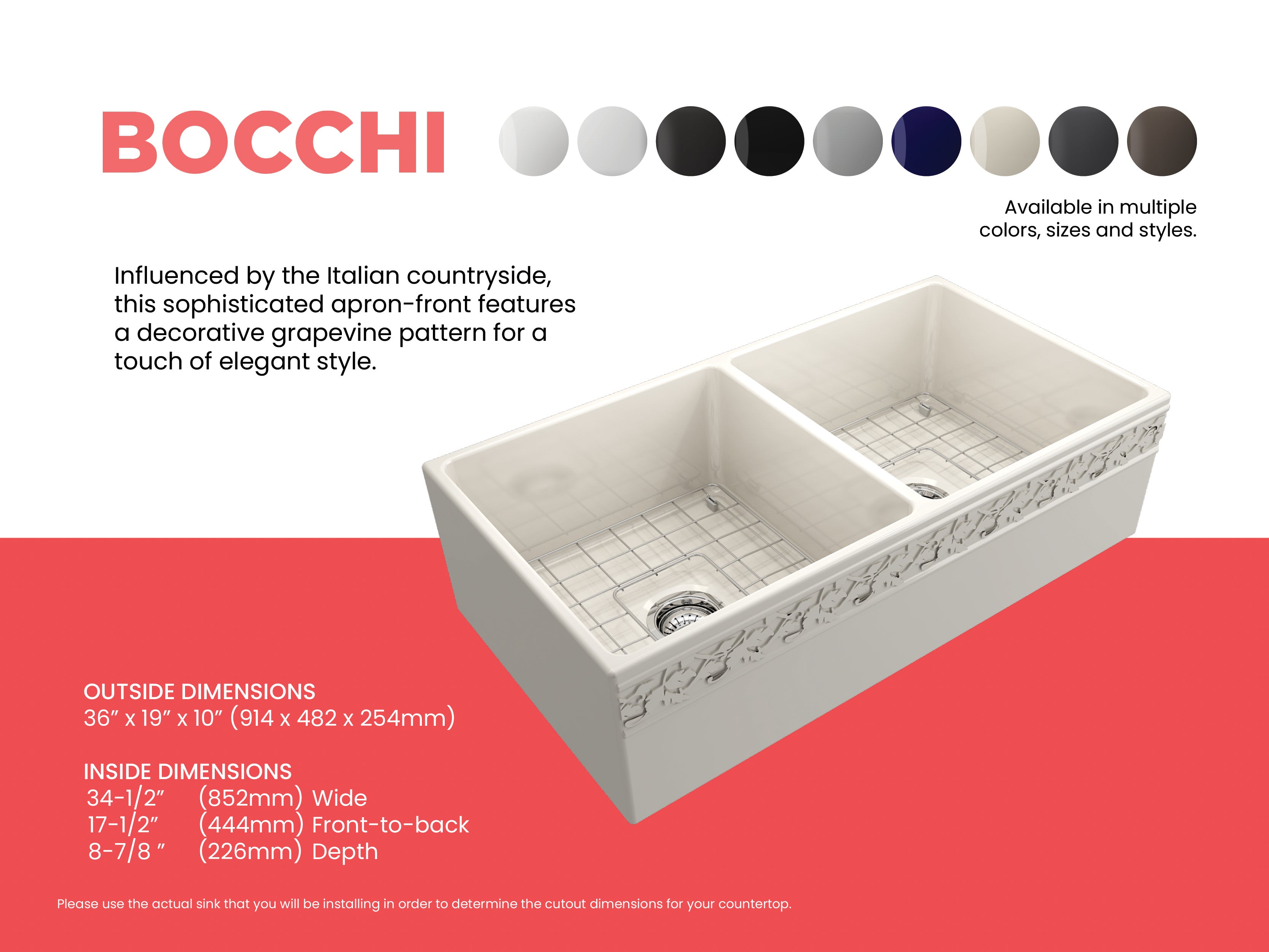 Alternate Image for BOCCHI Vigneto 36" Fireclay Farmhouse Apron 50/50 Double Bowl Kitchen Sink, Biscuit, 1351-014-0120