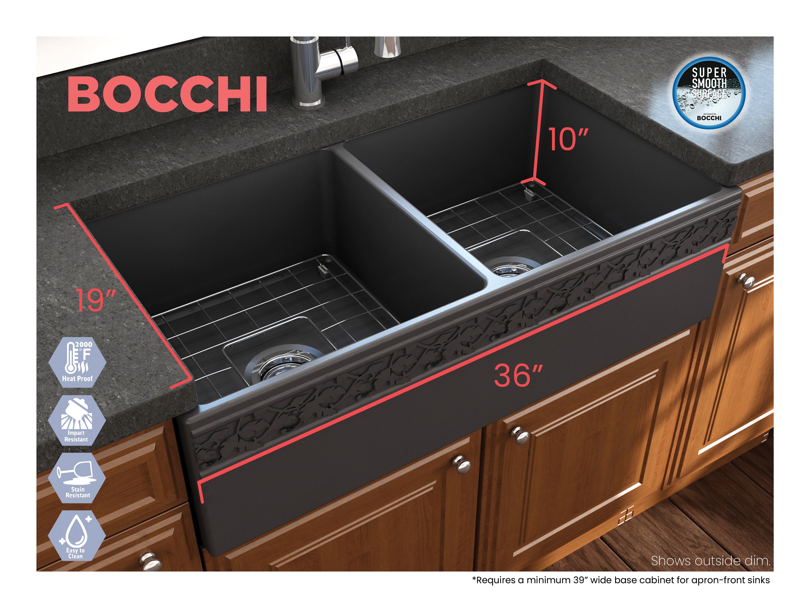 BOCCHI Vigneto 36" Fireclay Farmhouse Apron 50/50 Double Bowl Kitchen Sink, Matte Dark Gray, 1351-020-0120