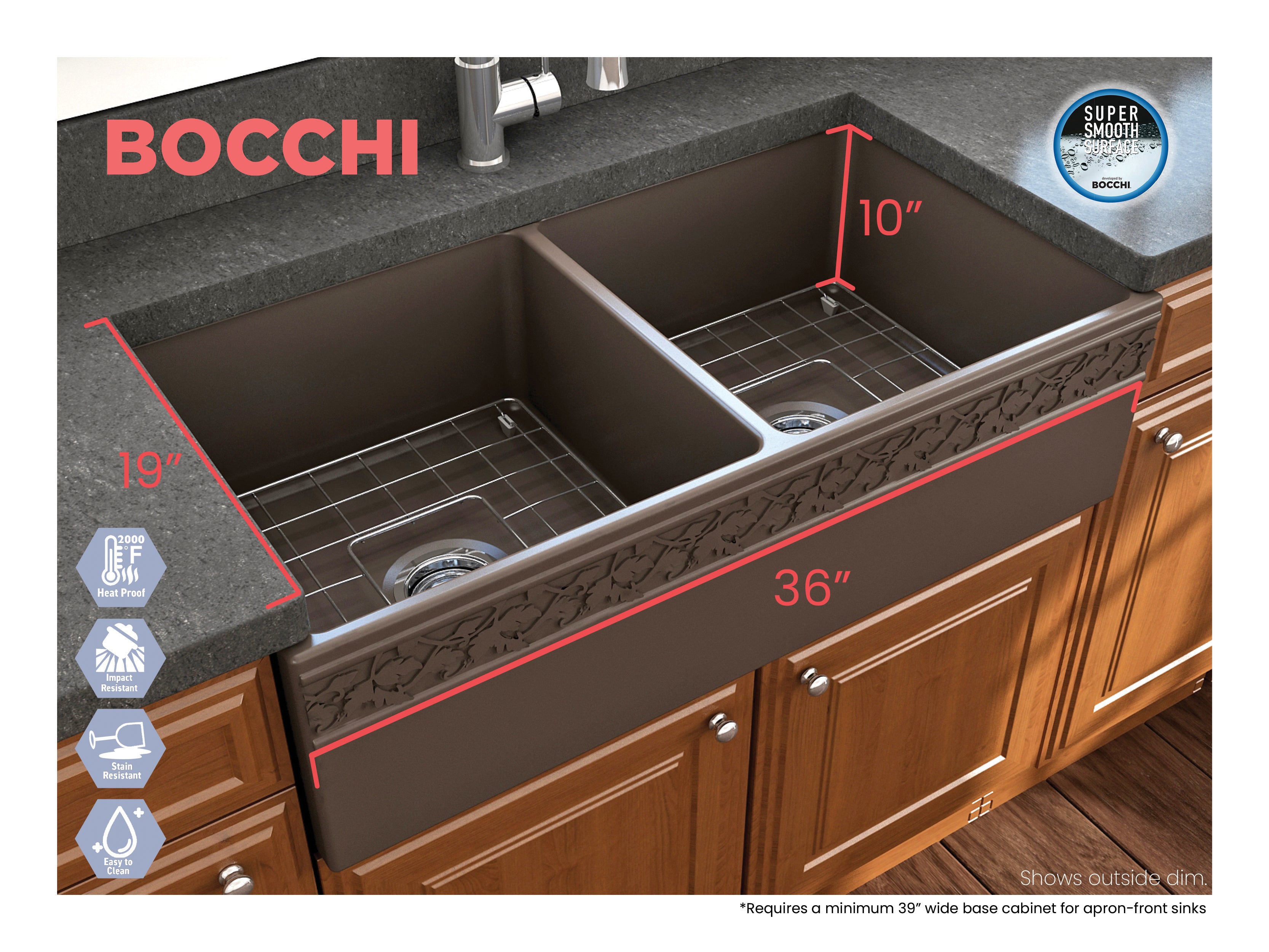 BOCCHI Vigneto 36" Fireclay Farmhouse Apron 50/50 Double Bowl Kitchen Sink, Matte Brown, 1351-025-0120