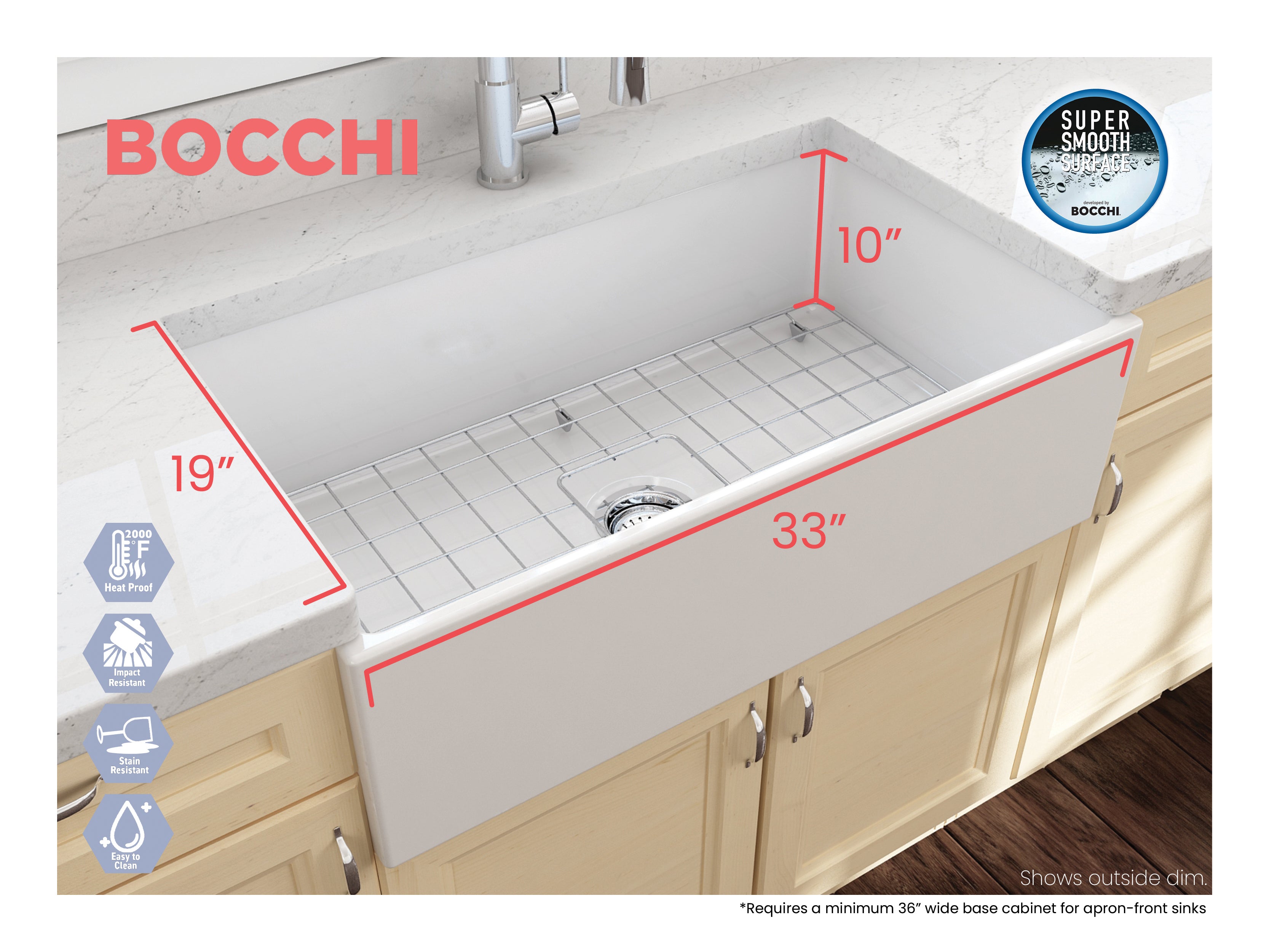Alternate Image for BOCCHI Contempo 33" Fireclay Farmhouse Apron Single Bowl Kitchen Sink, Matte White, 1352-002-0120