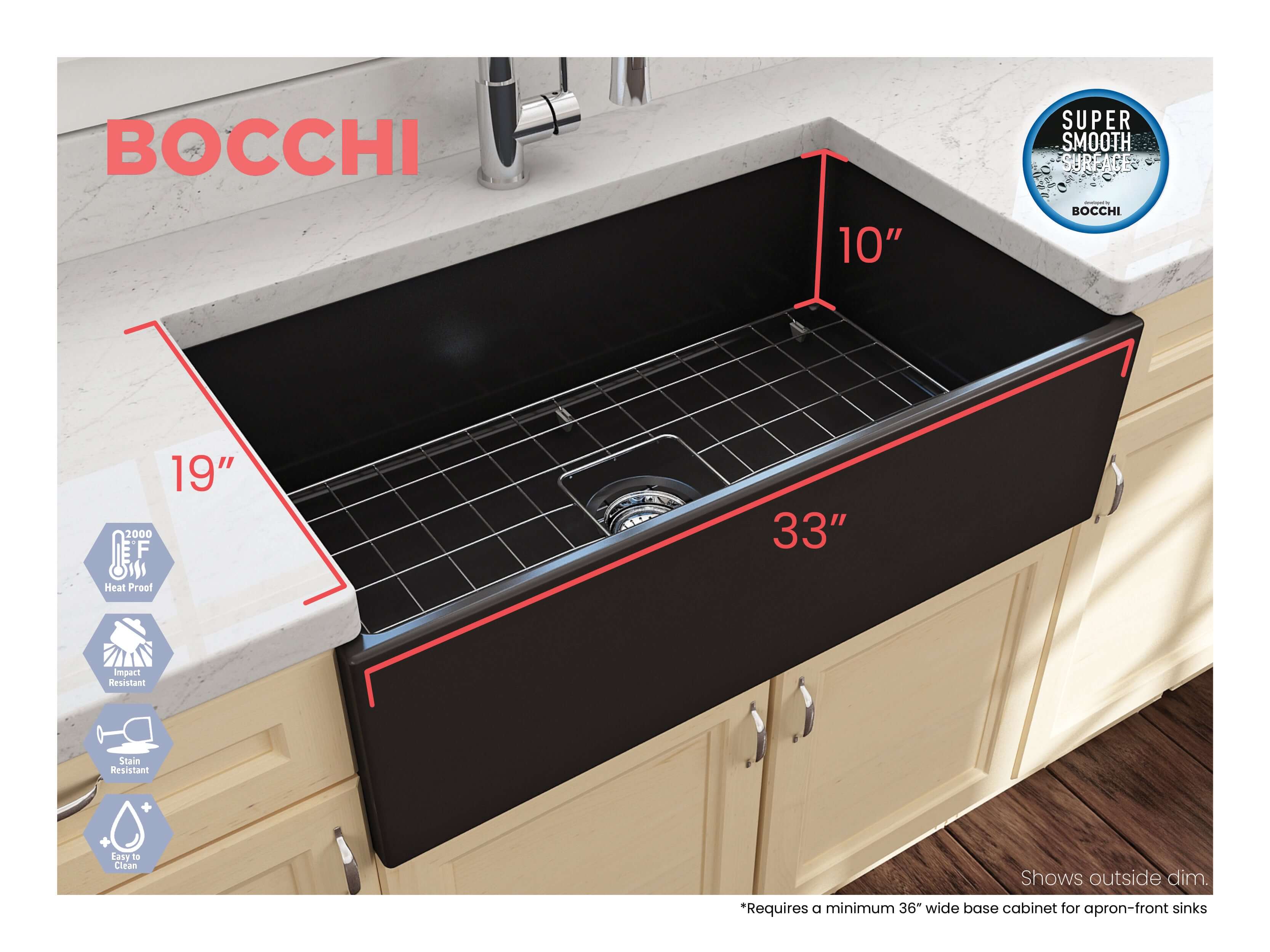 Alternate Image for BOCCHI Contempo 33" Fireclay Farmhouse Apron Single Bowl Kitchen Sink, Matte Black, 1352-004-0120