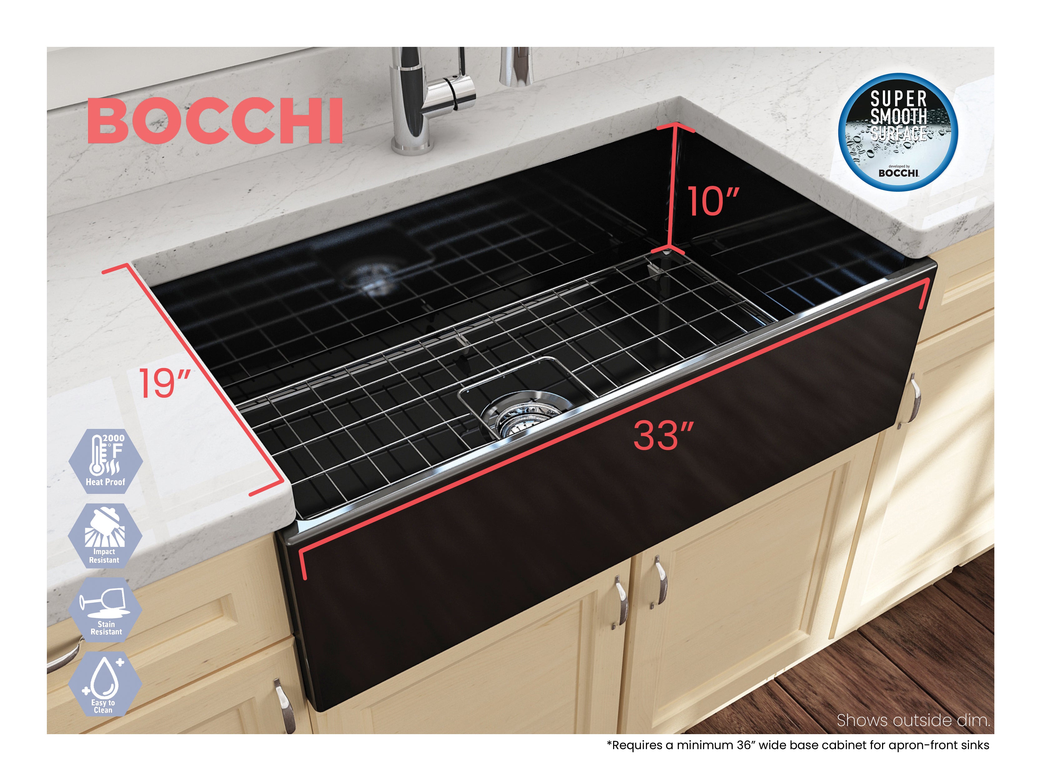Alternate Image for BOCCHI Contempo 33" Fireclay Farmhouse Apron Single Bowl Kitchen Sink, Black, 1352-005-0120