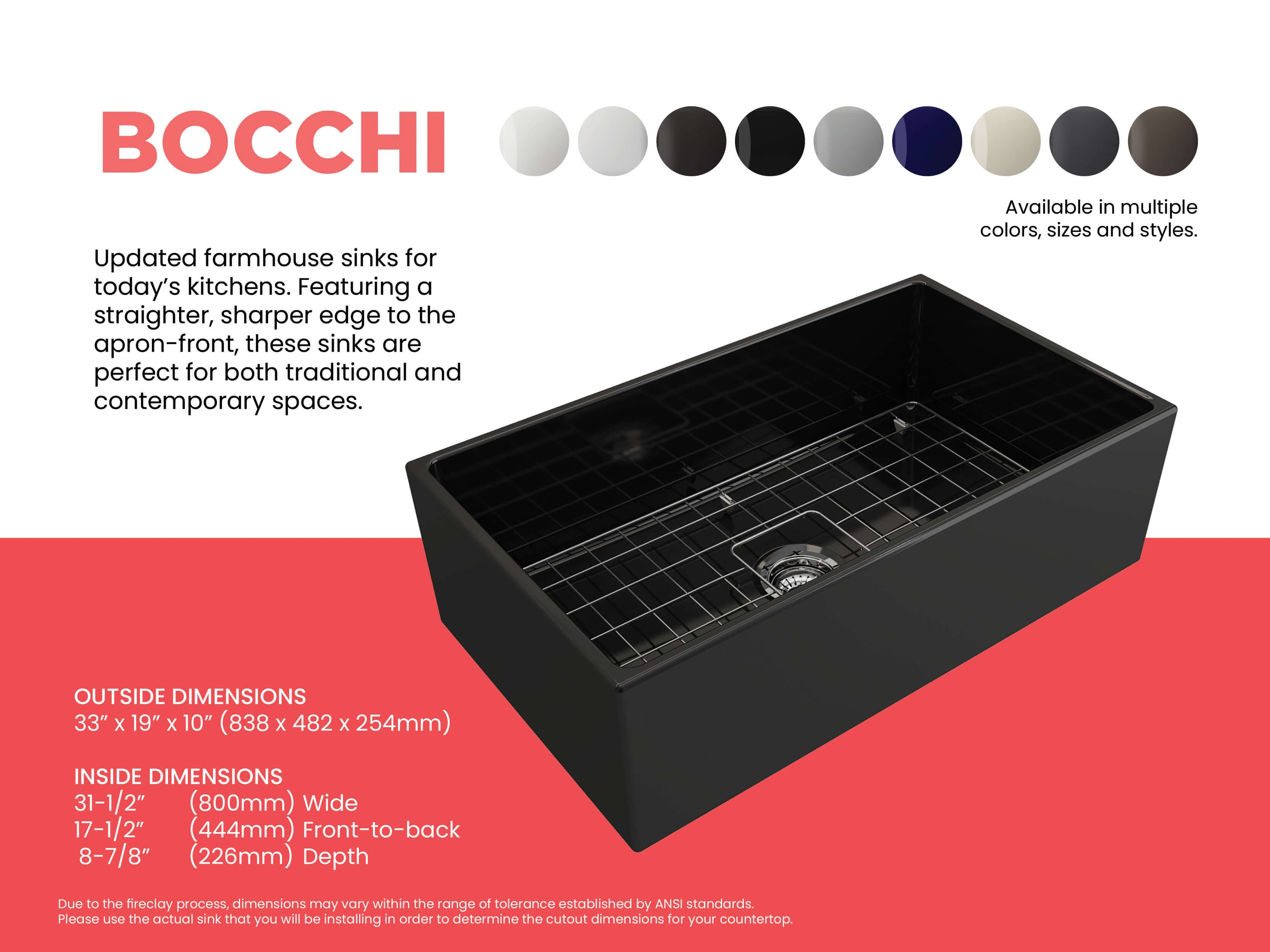 Alternate Image for BOCCHI Contempo 33" Fireclay Farmhouse Apron Single Bowl Kitchen Sink, Black, 1352-005-0120