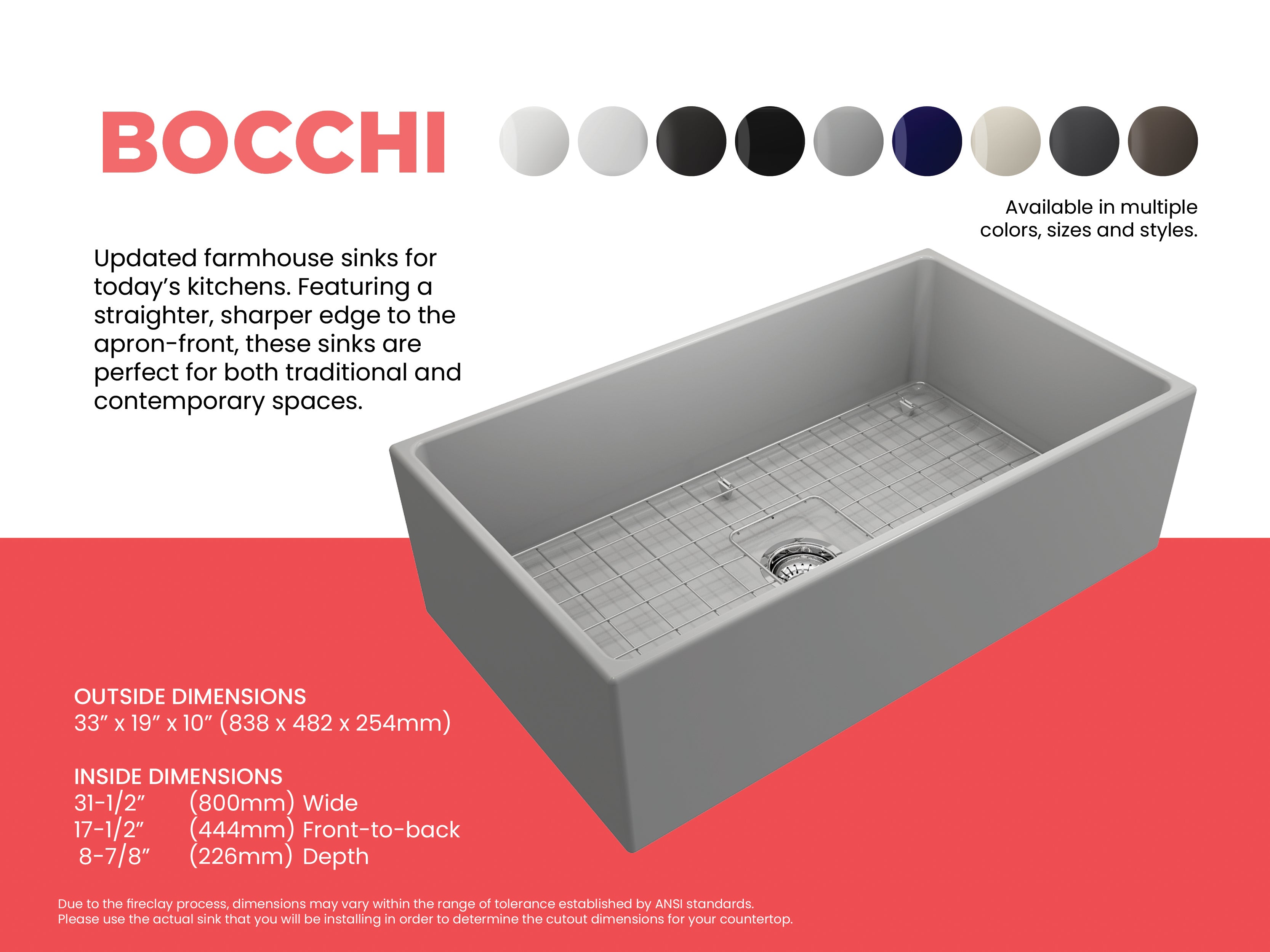 Alternate Image for BOCCHI Contempo 33" Fireclay Farmhouse Apron Single Bowl Kitchen Sink, Matte Gray, 1352-006-0120