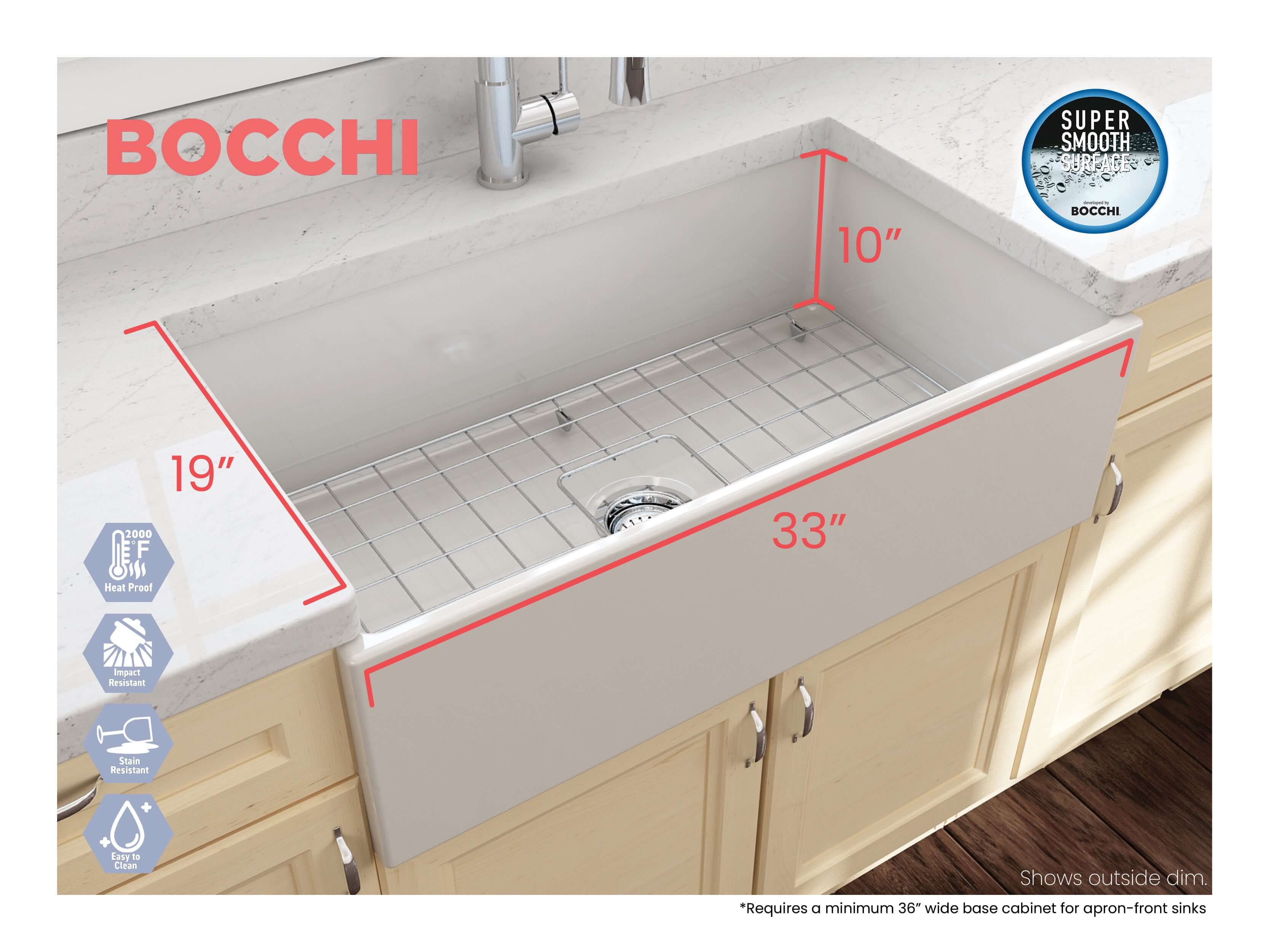 Alternate Image for BOCCHI Contempo 33" Fireclay Farmhouse Apron Single Bowl Kitchen Sink, Biscuit, 1352-014-0120