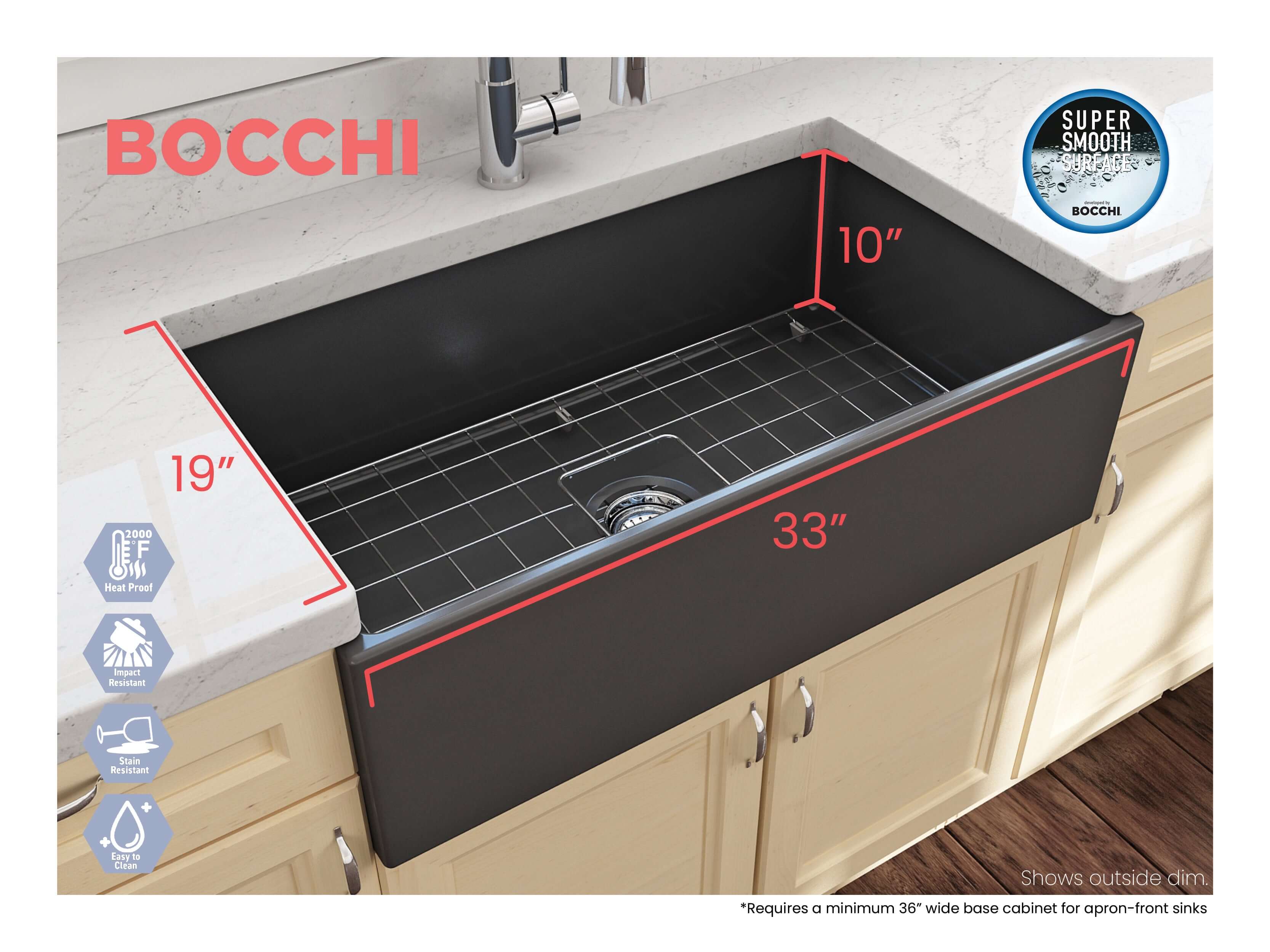 Alternate Image for BOCCHI Contempo 33" Fireclay Farmhouse Apron Single Bowl Kitchen Sink, Matte Dark Gray, 1352-020-0120