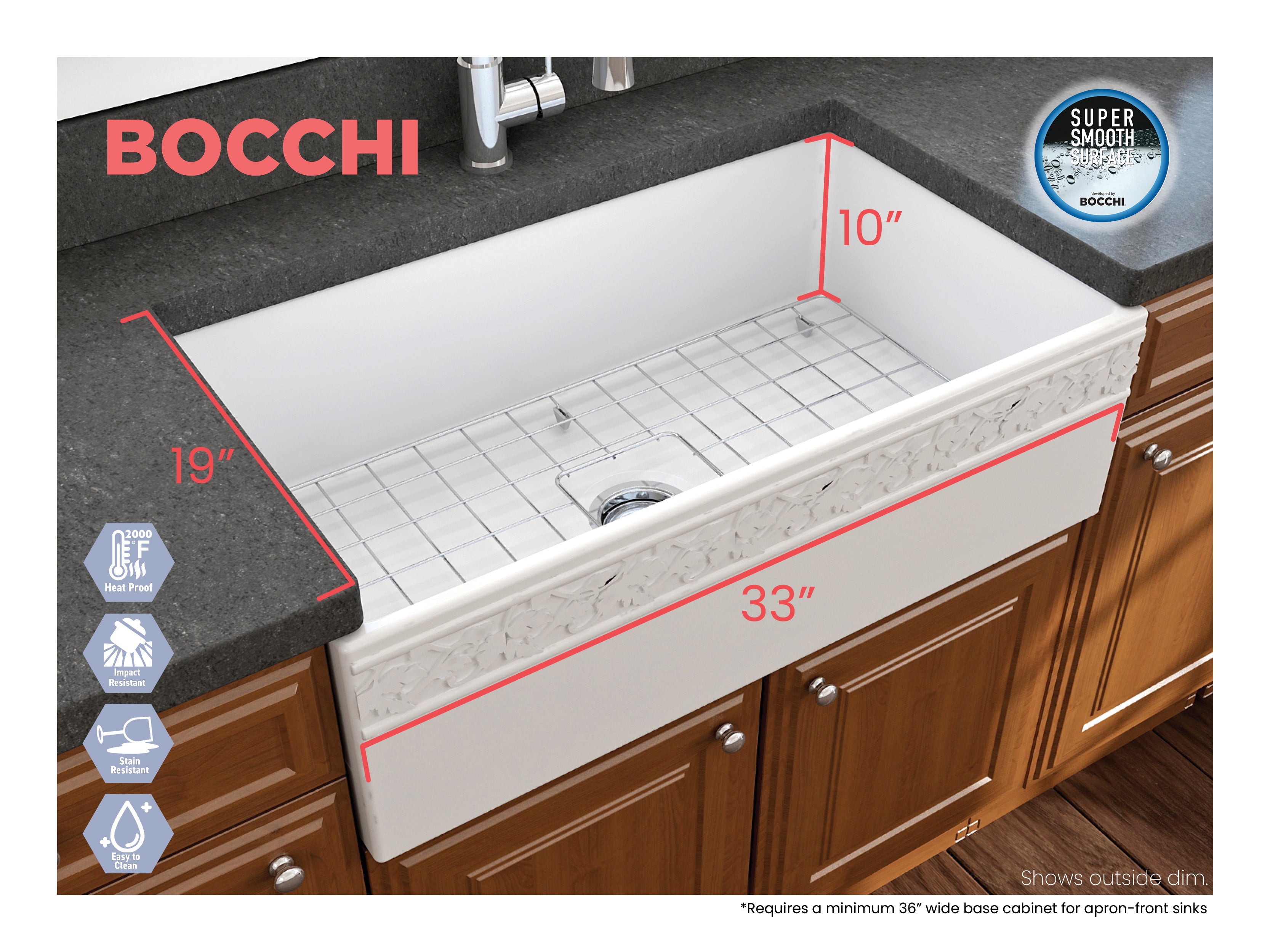 BOCCHI Vigneto 33" Fireclay Farmhouse Apron Single Bowl Kitchen Sink, Matte White, 1353-002-0120