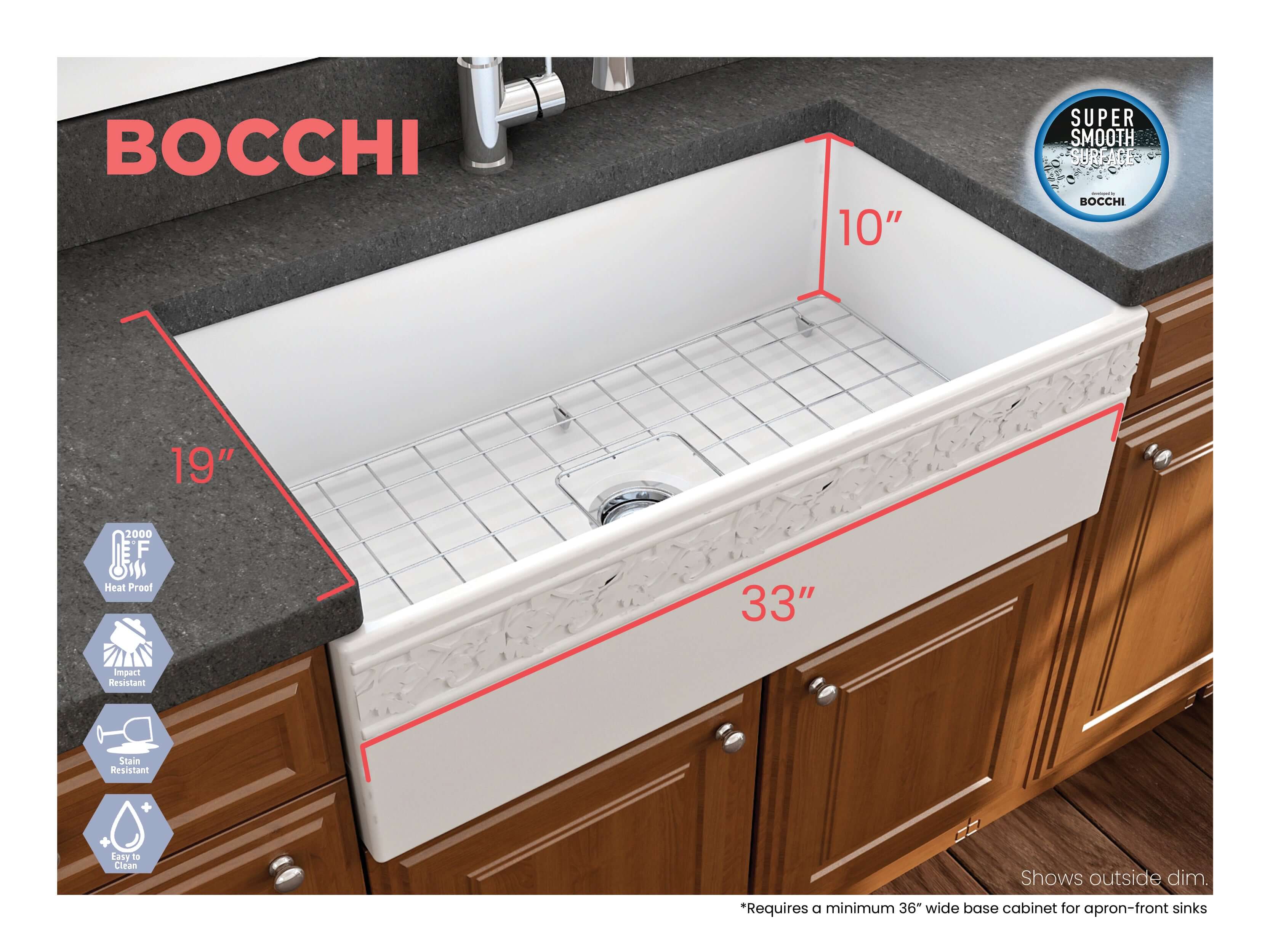 Alternate Image for BOCCHI Vigneto 33" Fireclay Farmhouse Apron Single Bowl Kitchen Sink, Matte White, 1353-002-0120
