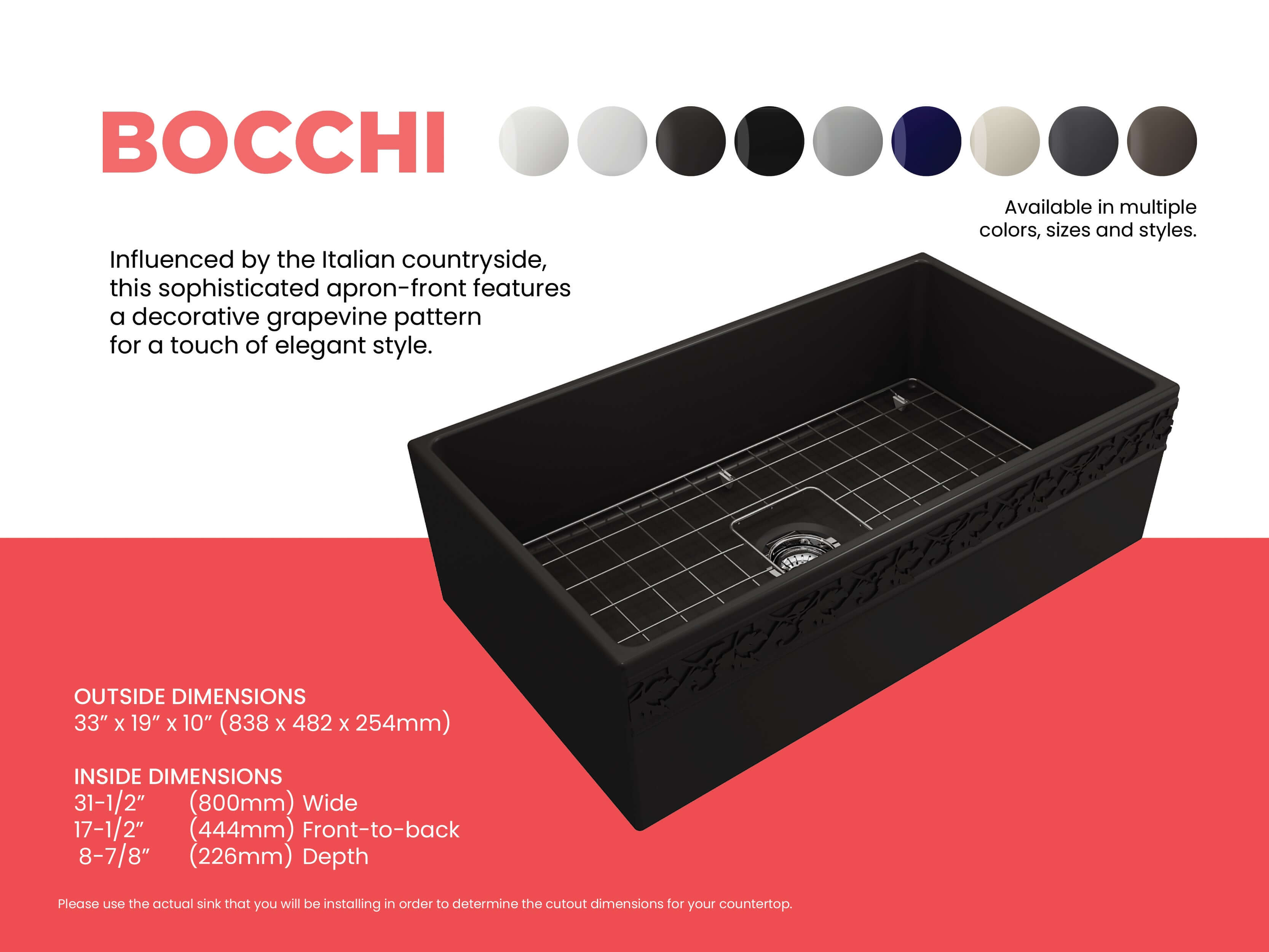 Alternate Image for BOCCHI Vigneto 33" Fireclay Farmhouse Apron Single Bowl Kitchen Sink, Matte Black, 1353-004-0120