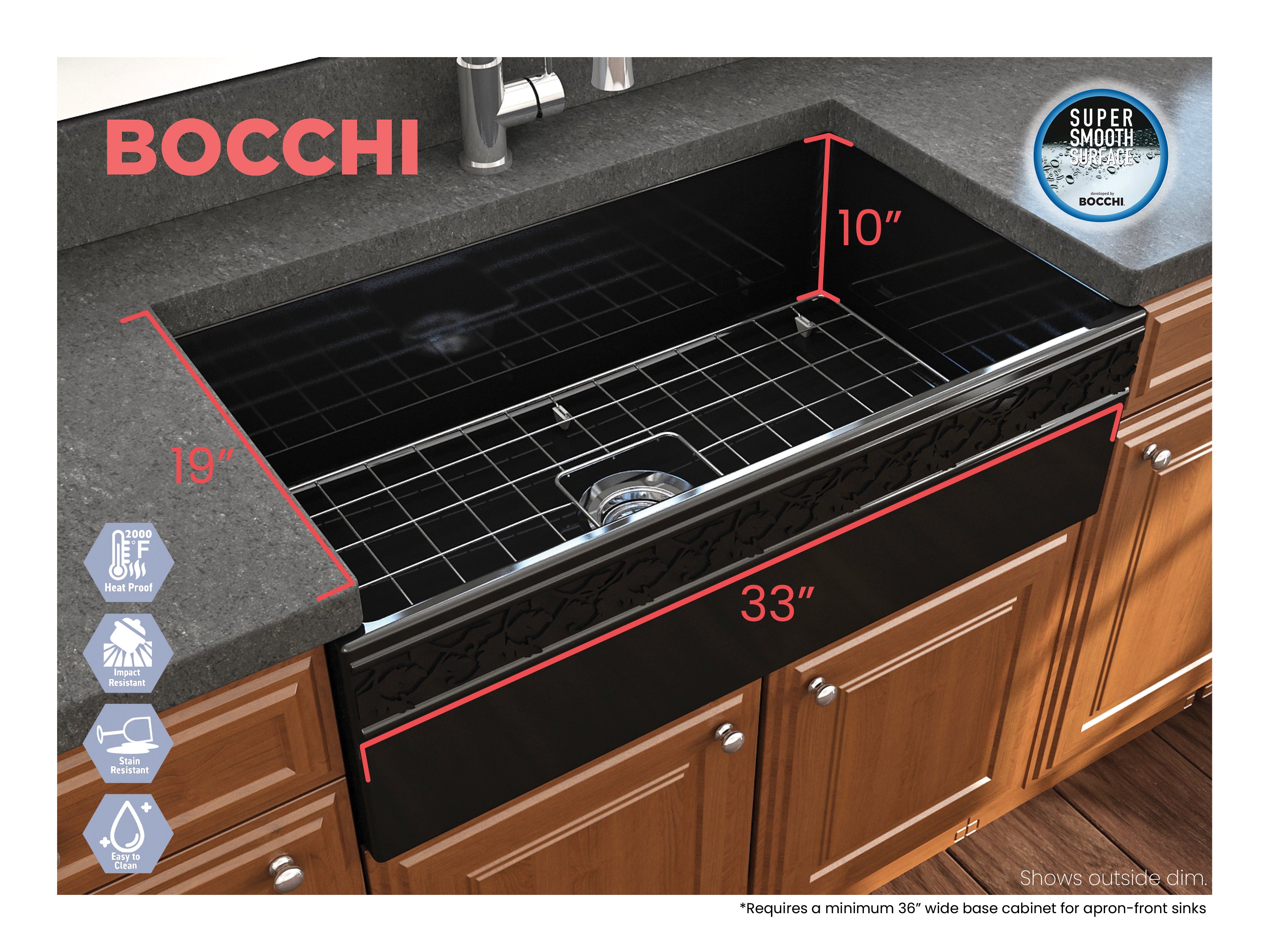 BOCCHI Vigneto 33" Fireclay Farmhouse Apron Single Bowl Kitchen Sink, Black, 1353-005-0120