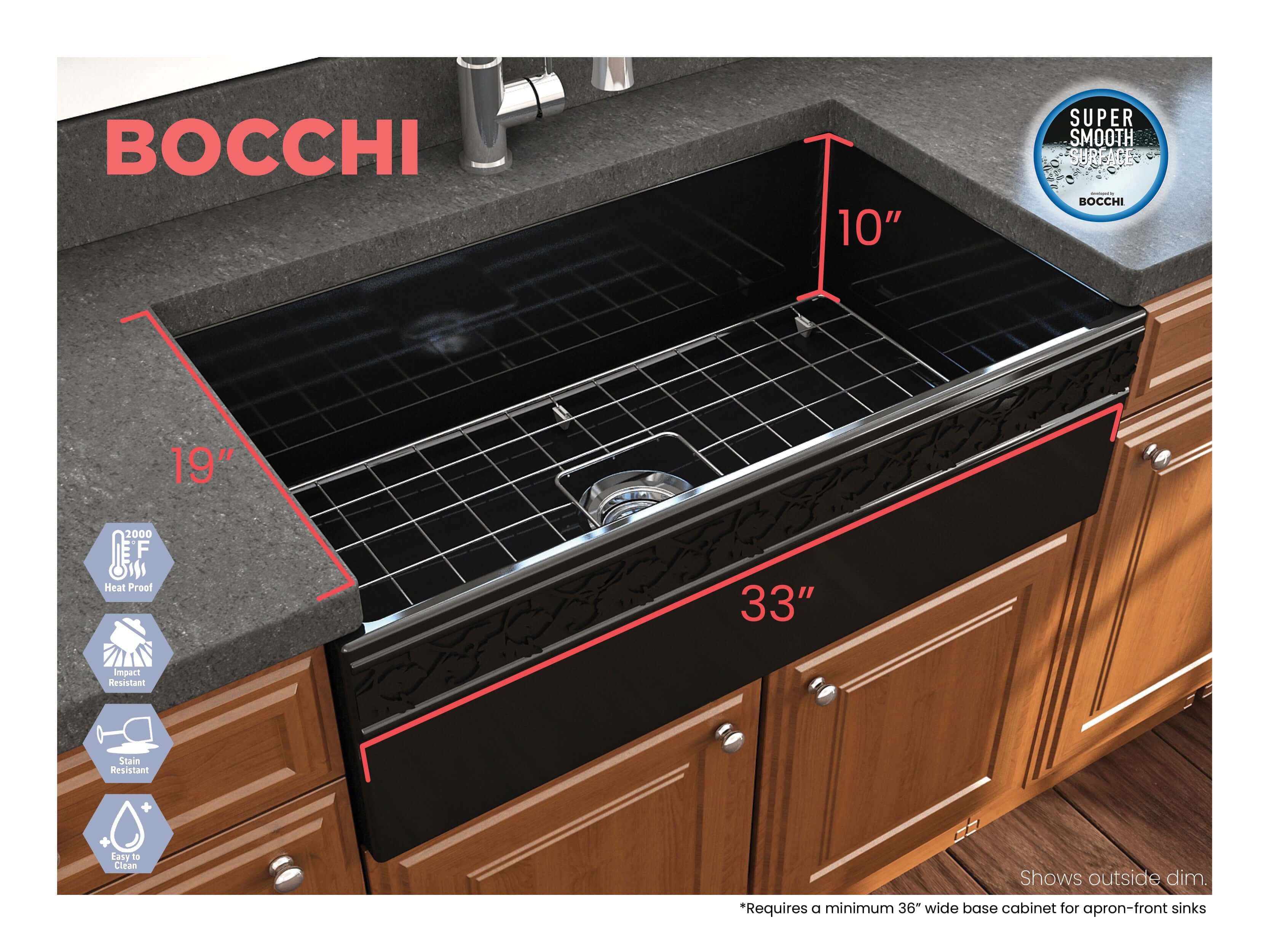 Alternate Image for BOCCHI Vigneto 33" Fireclay Farmhouse Apron Single Bowl Kitchen Sink, Black, 1353-005-0120