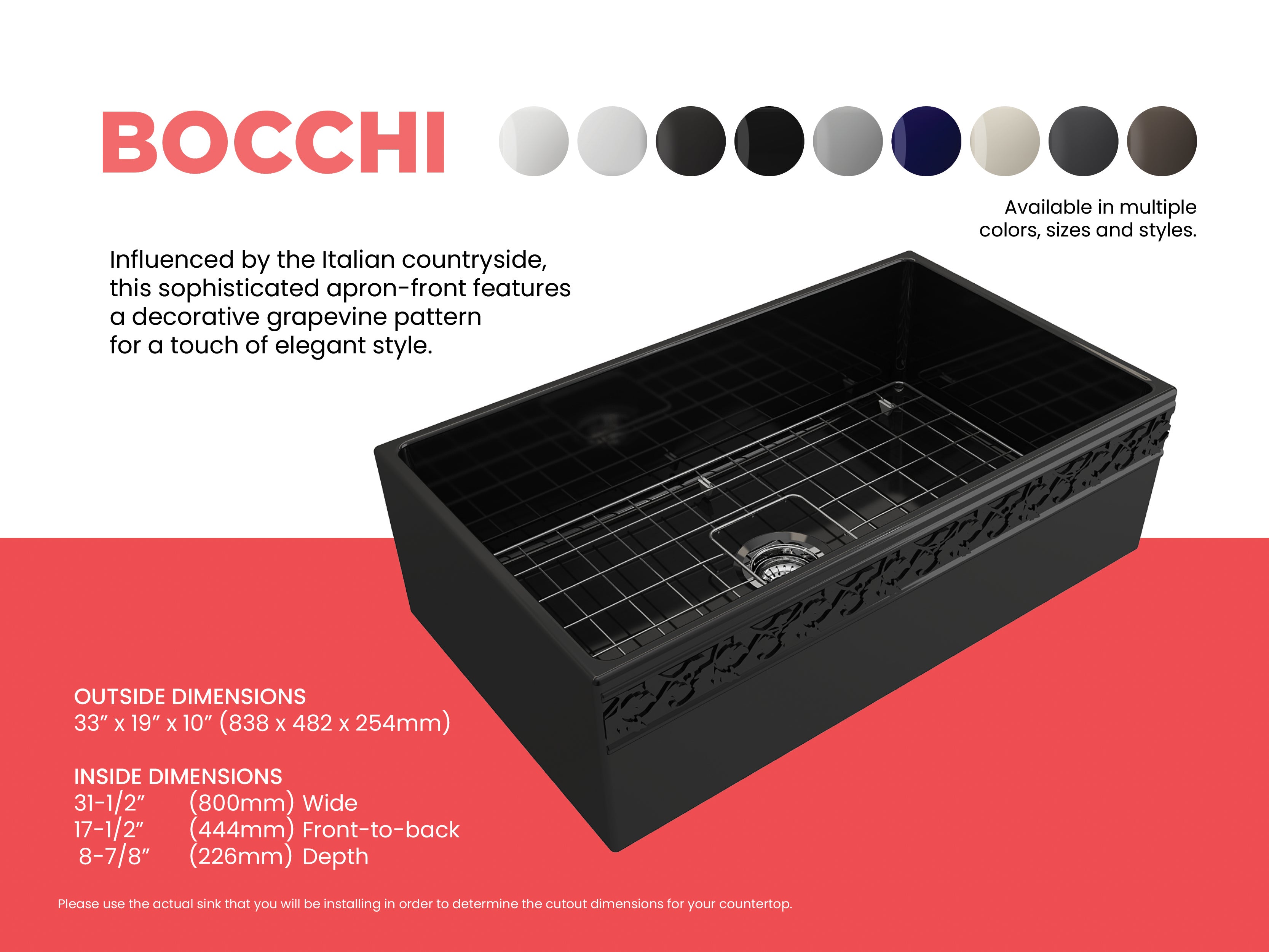 Alternate Image for BOCCHI Vigneto 33" Fireclay Farmhouse Apron Single Bowl Kitchen Sink, Black, 1353-005-0120