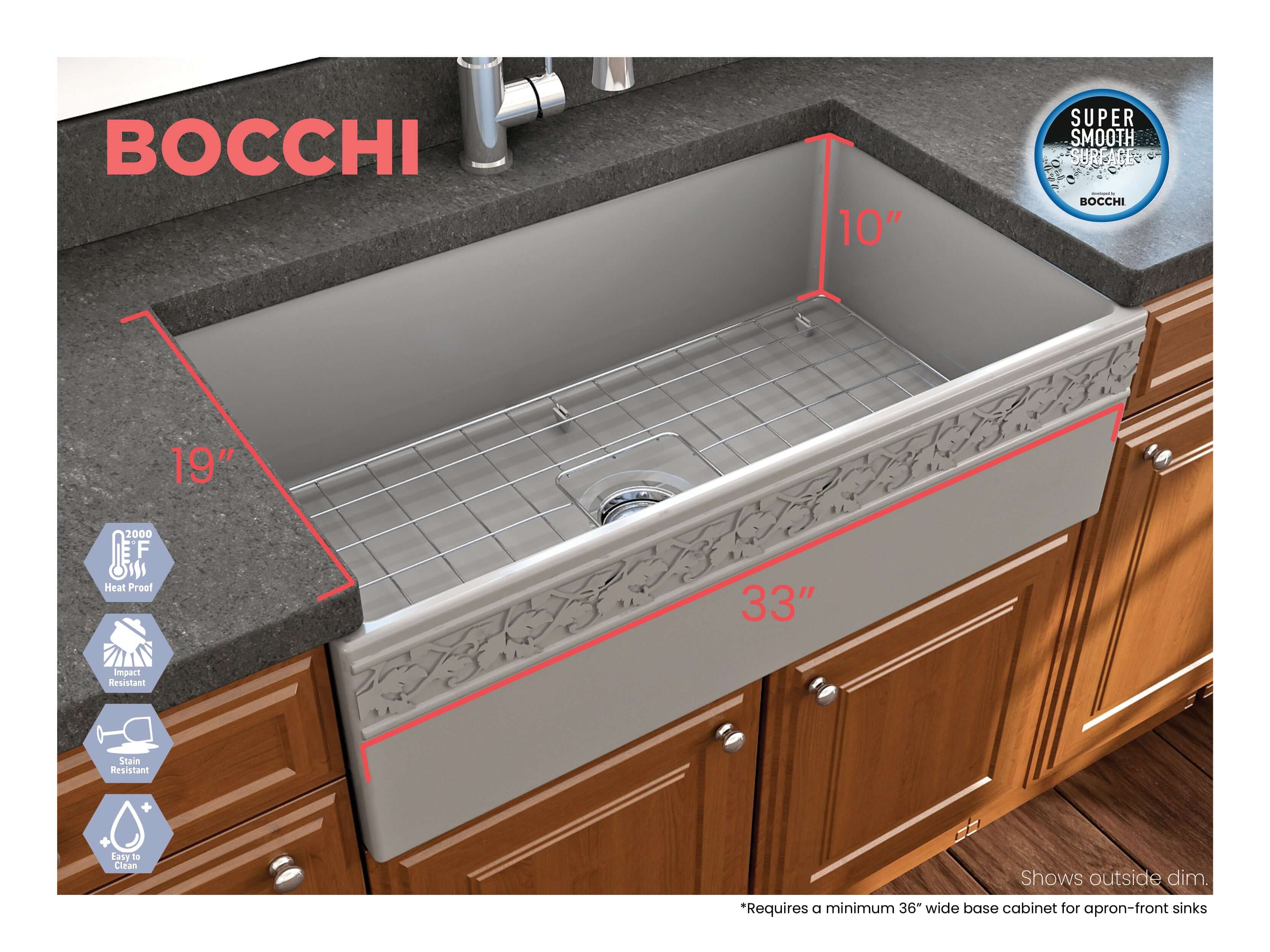 Alternate Image for BOCCHI Vigneto 33" Fireclay Farmhouse Apron Single Bowl Kitchen Sink, Matte Gray, 1353-006-0120