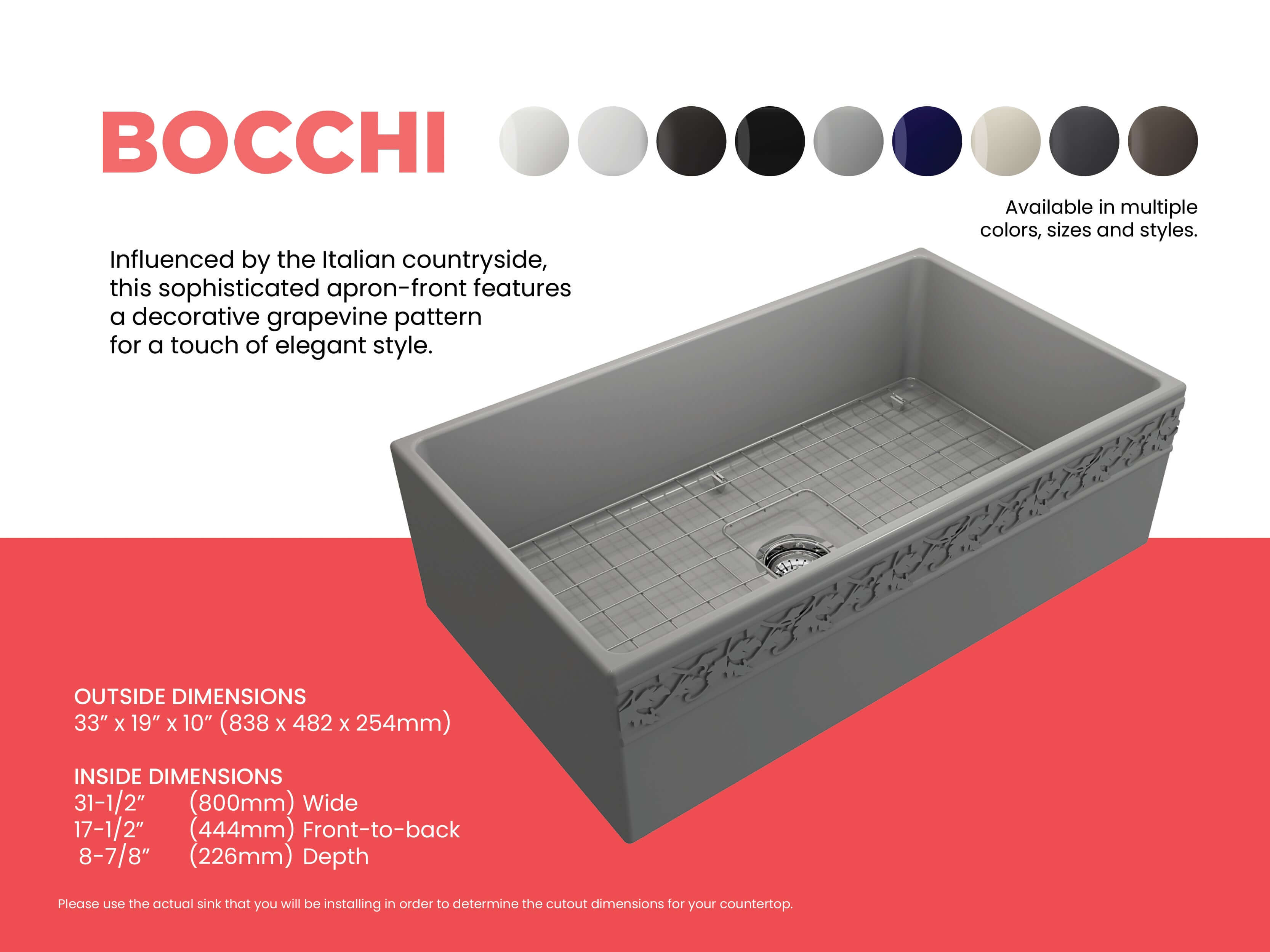 Alternate Image for BOCCHI Vigneto 33" Fireclay Farmhouse Apron Single Bowl Kitchen Sink, Matte Gray, 1353-006-0120