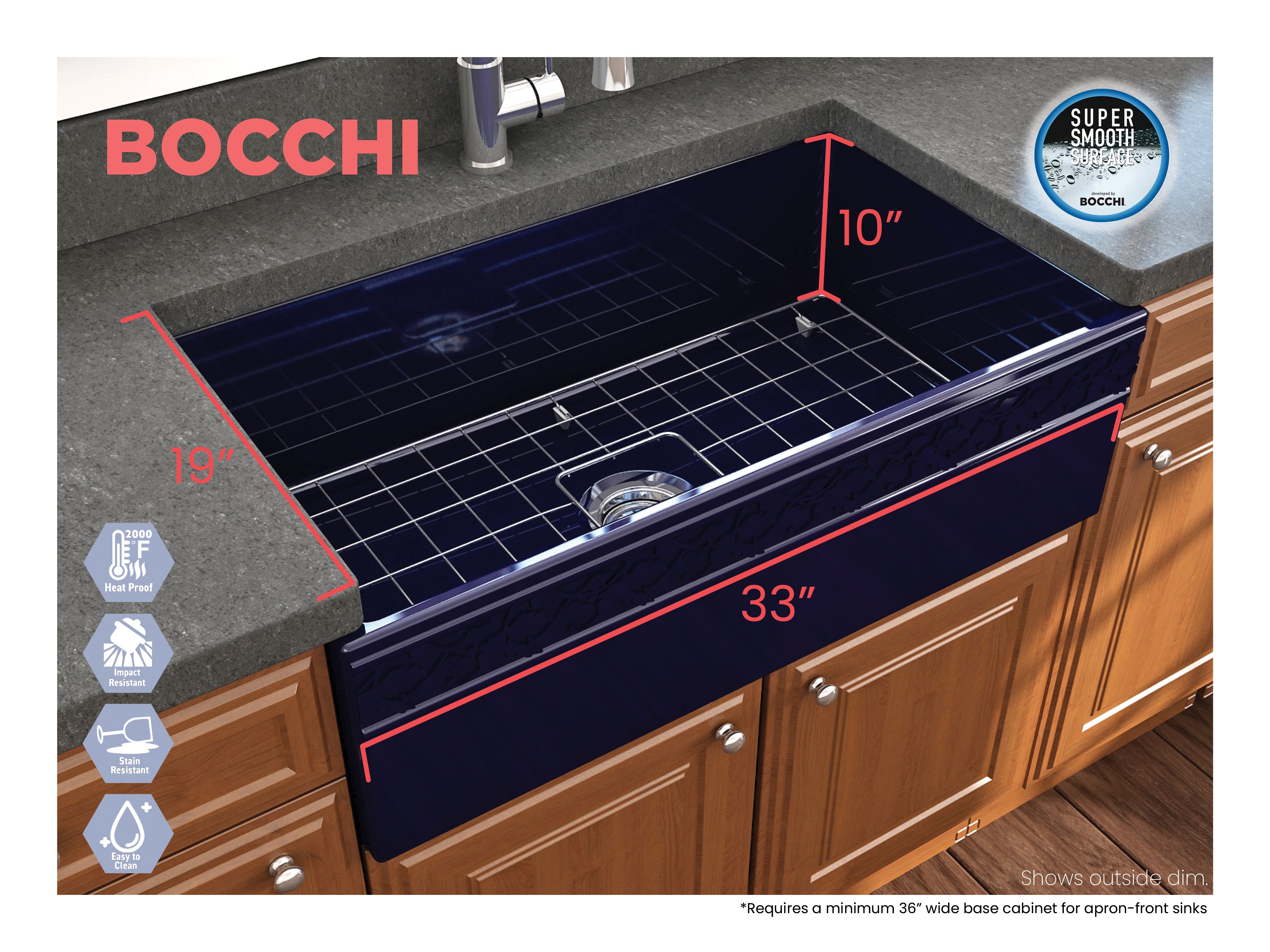BOCCHI Vigneto 33" Fireclay Farmhouse Apron Single Bowl Kitchen Sink, Sapphire Blue, 1353-010-0120
