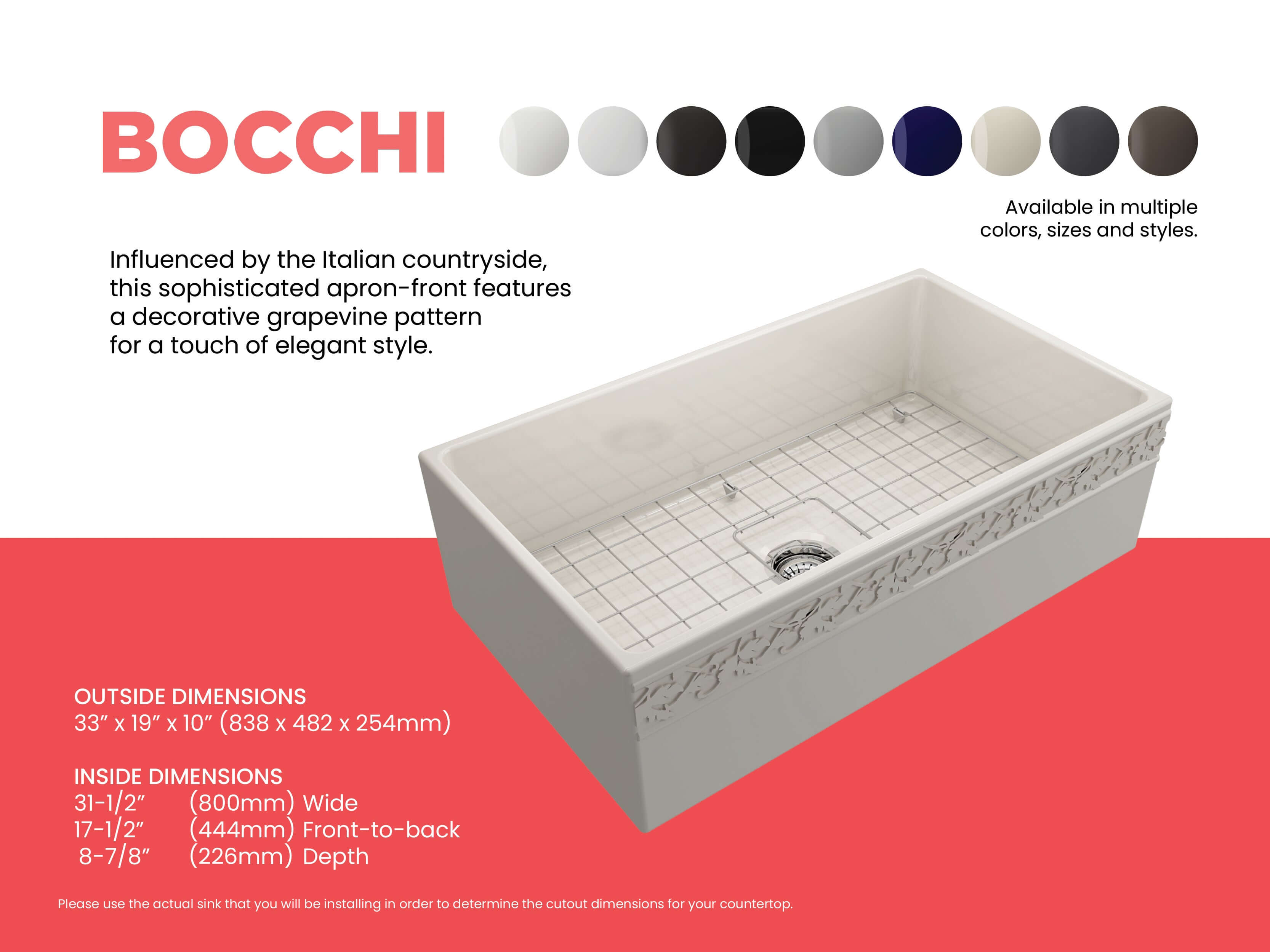 Alternate Image for BOCCHI Vigneto 33" Fireclay Farmhouse Apron Single Bowl Kitchen Sink, Biscuit, 1353-014-0120