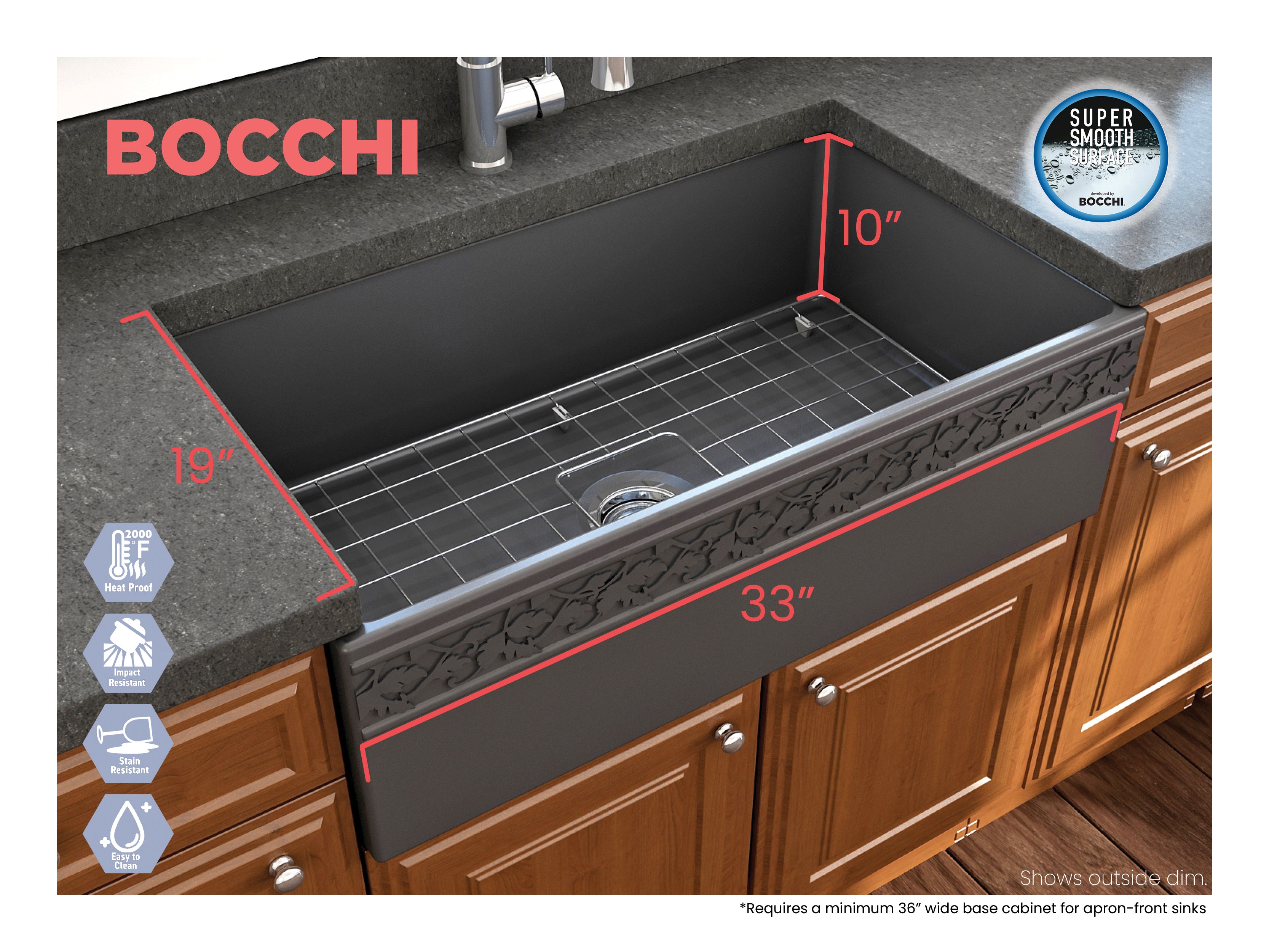 BOCCHI Vigneto 33" Fireclay Farmhouse Apron Single Bowl Kitchen Sink, Matte Dark Gray, 1353-020-0120