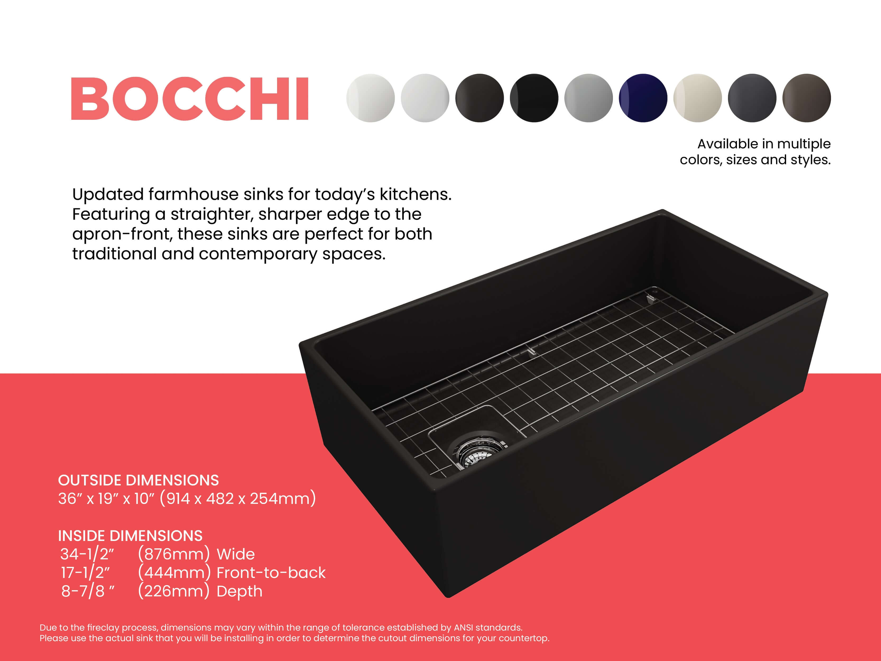 Alternate Image for BOCCHI Contempo 36" Fireclay Farmhouse Apron Single Bowl Kitchen Sink, Matte Black, 1354-004-0120