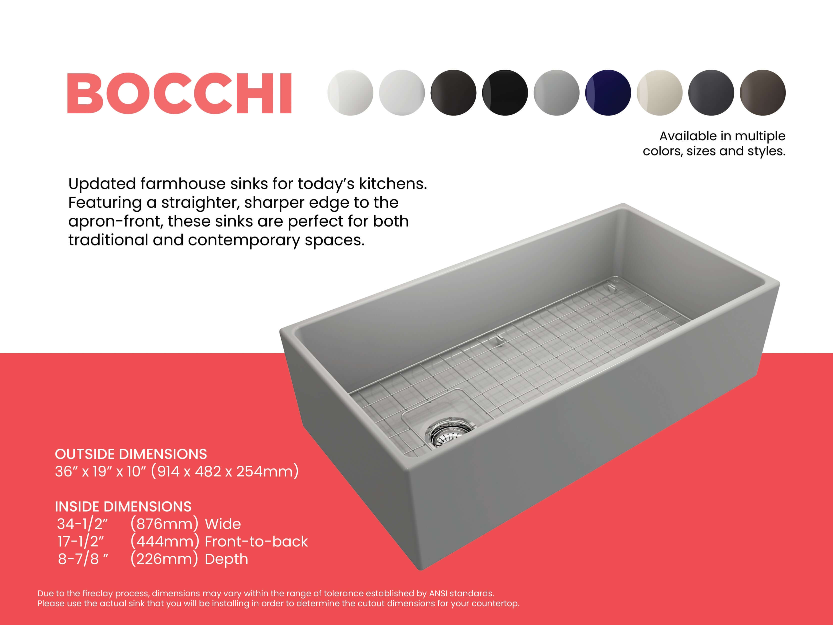 Alternate Image for BOCCHI Contempo 36" Fireclay Farmhouse Apron Single Bowl Kitchen Sink, Matte Gray, 1354-006-0120