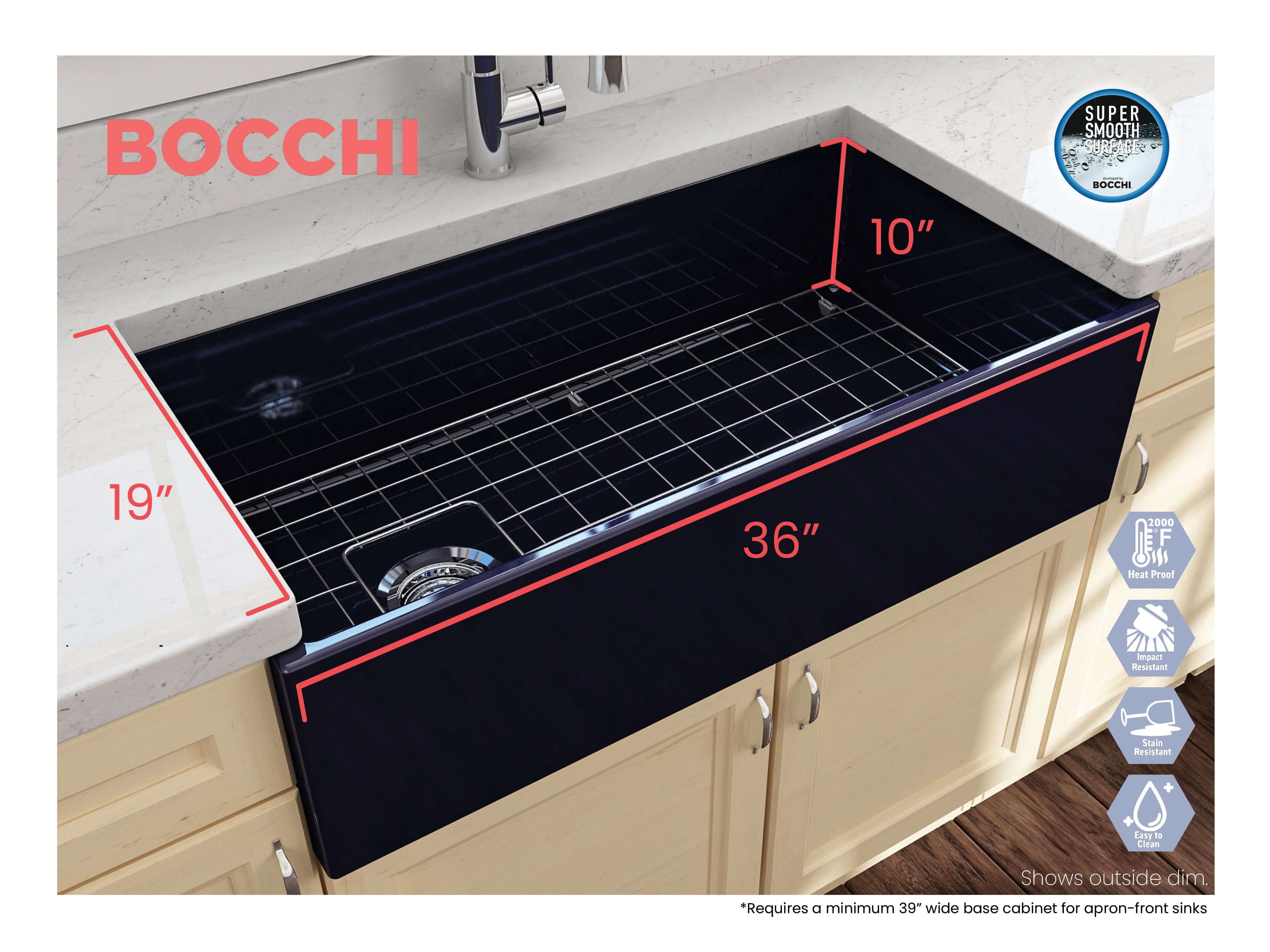 Alternate Image for BOCCHI Contempo 36" Fireclay Farmhouse Apron Single Bowl Kitchen Sink, Sapphire Blue, 1354-010-0120