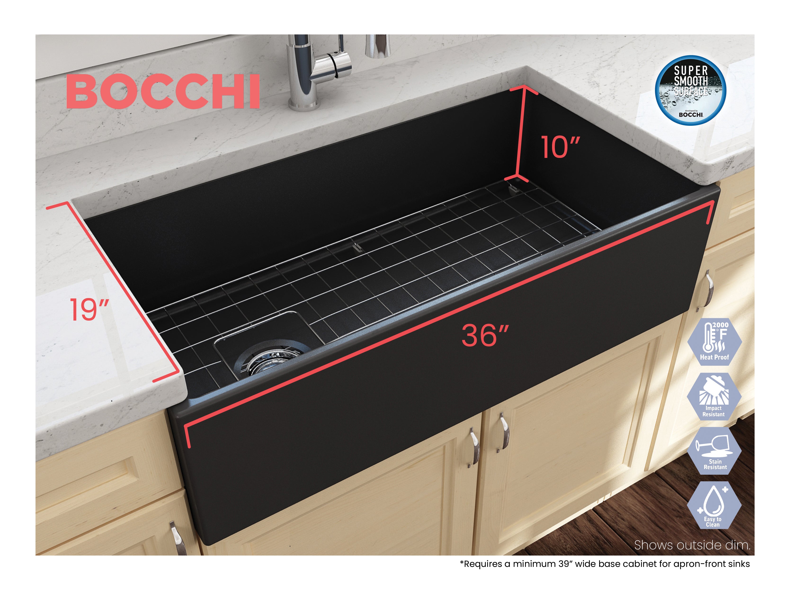 BOCCHI Contempo 36" Fireclay Farmhouse Apron Single Bowl Kitchen Sink, Matte Dark Gray, 1354-020-0120