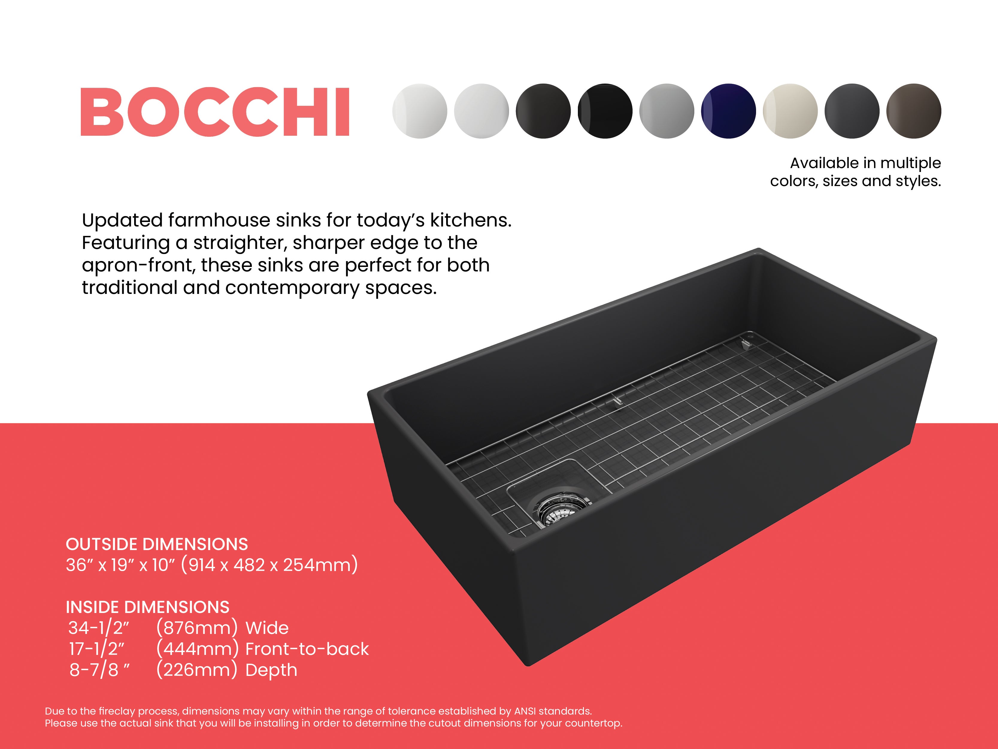 Alternate Image for BOCCHI Contempo 36" Fireclay Farmhouse Apron Single Bowl Kitchen Sink, Matte Dark Gray, 1354-020-0120