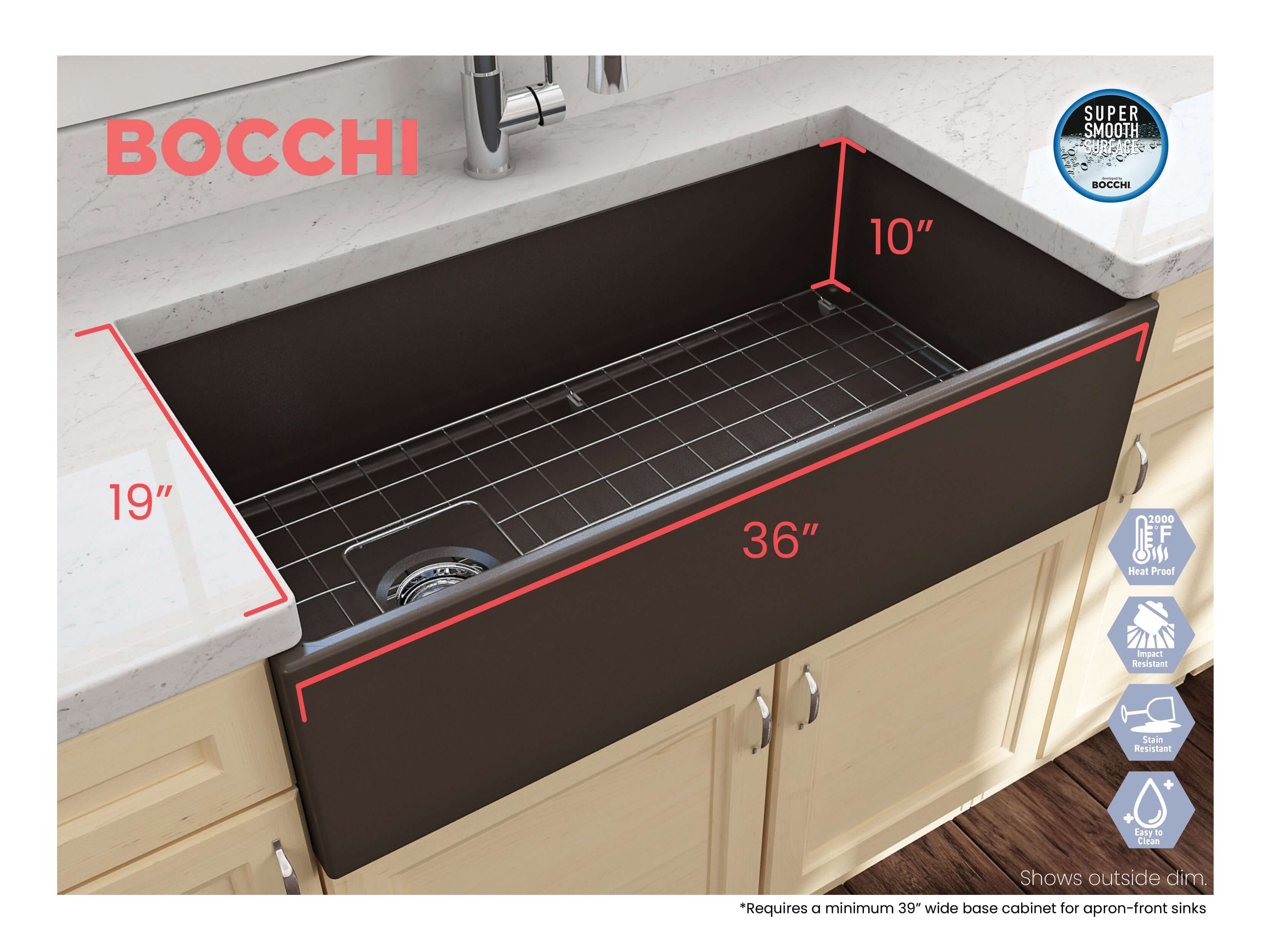 Alternate Image for BOCCHI Contempo 36" Fireclay Farmhouse Apron Single Bowl Kitchen Sink, Matte Brown, 1354-025-0120
