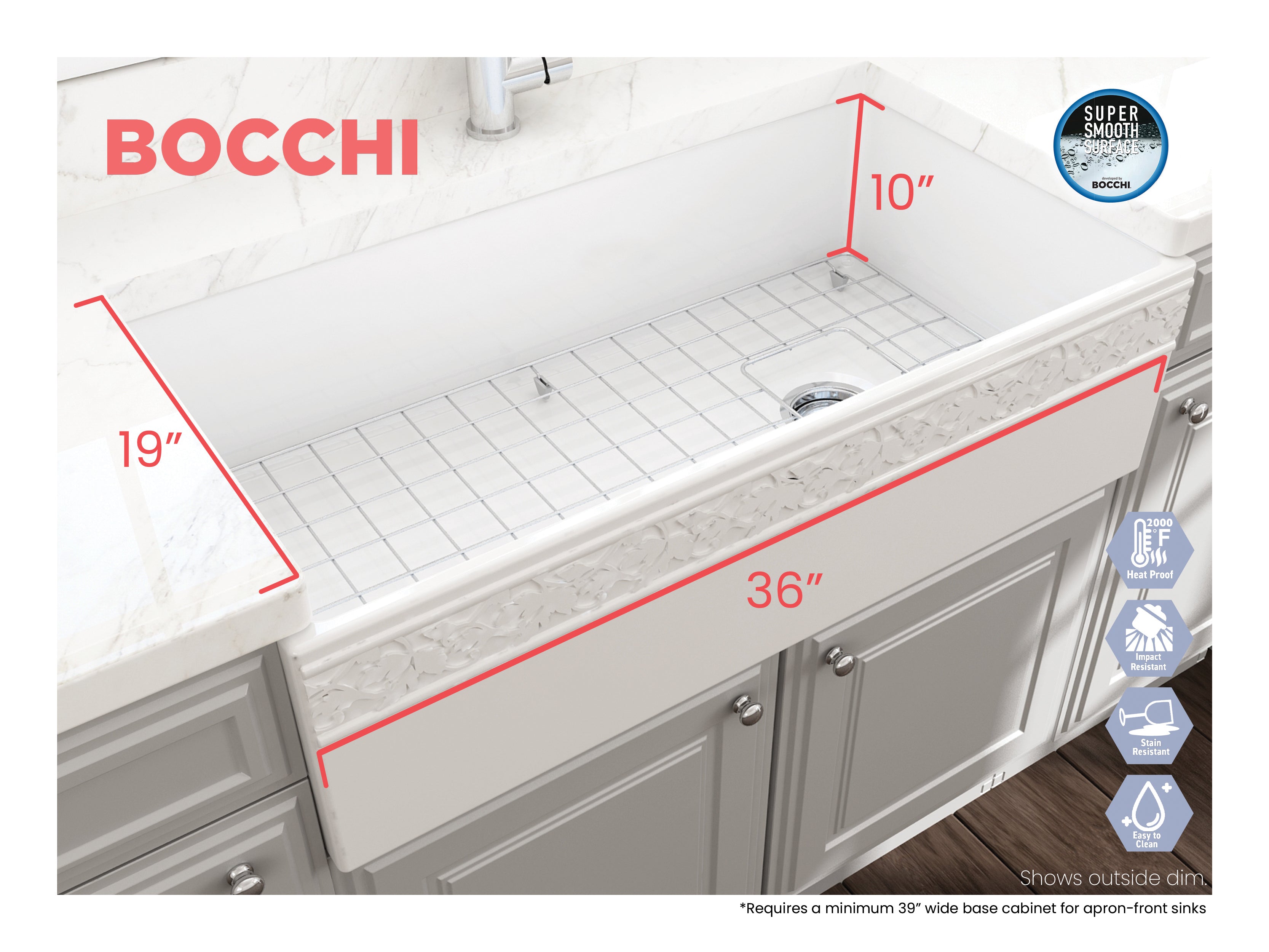 BOCCHI Vigneto 36" Fireclay Farmhouse Apron Single Bowl Kitchen Sink, White, 1355-001-0120