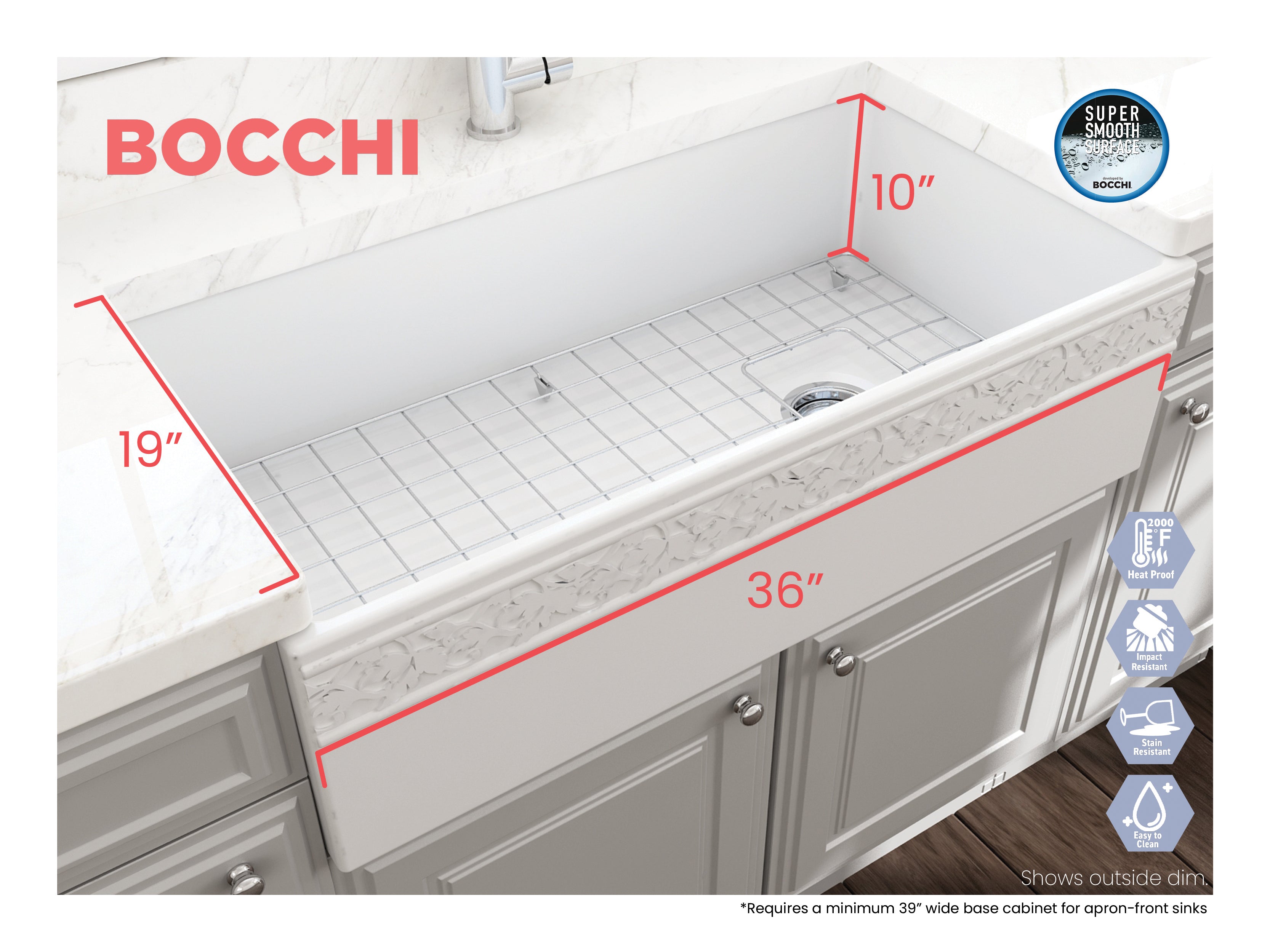 Alternate Image for BOCCHI Vigneto 36" Fireclay Farmhouse Apron Single Bowl Kitchen Sink, Matte White, 1355-002-0120