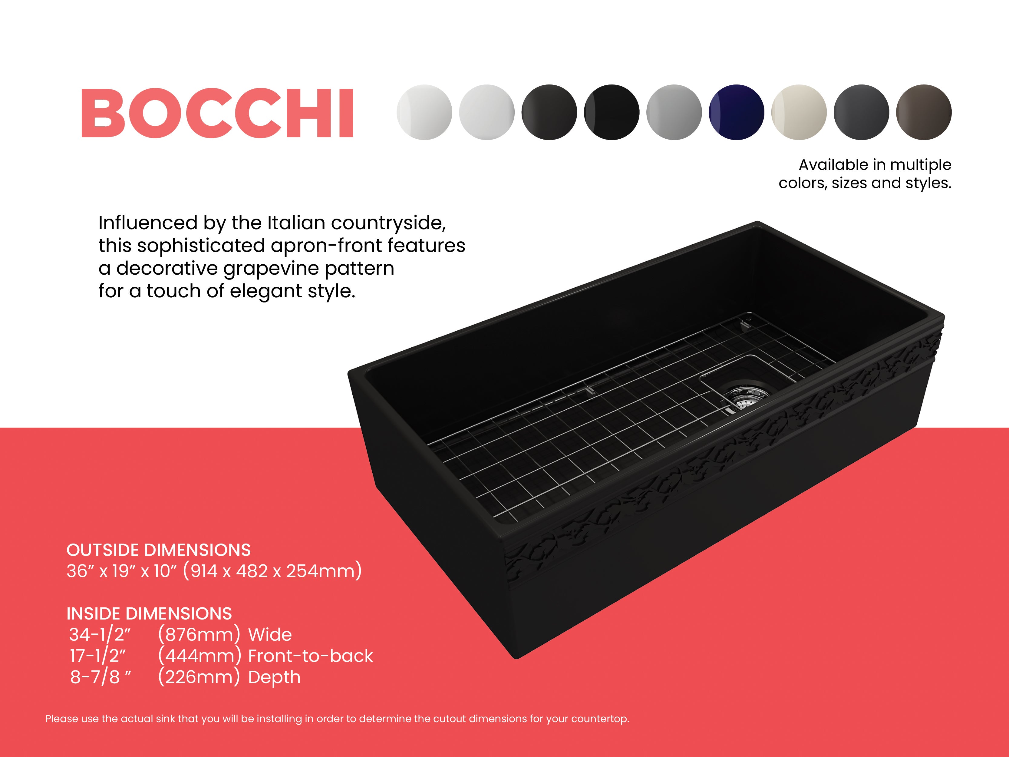 Alternate Image for BOCCHI Vigneto 36" Fireclay Farmhouse Apron Single Bowl Kitchen Sink, Matte Black, 1355-004-0120