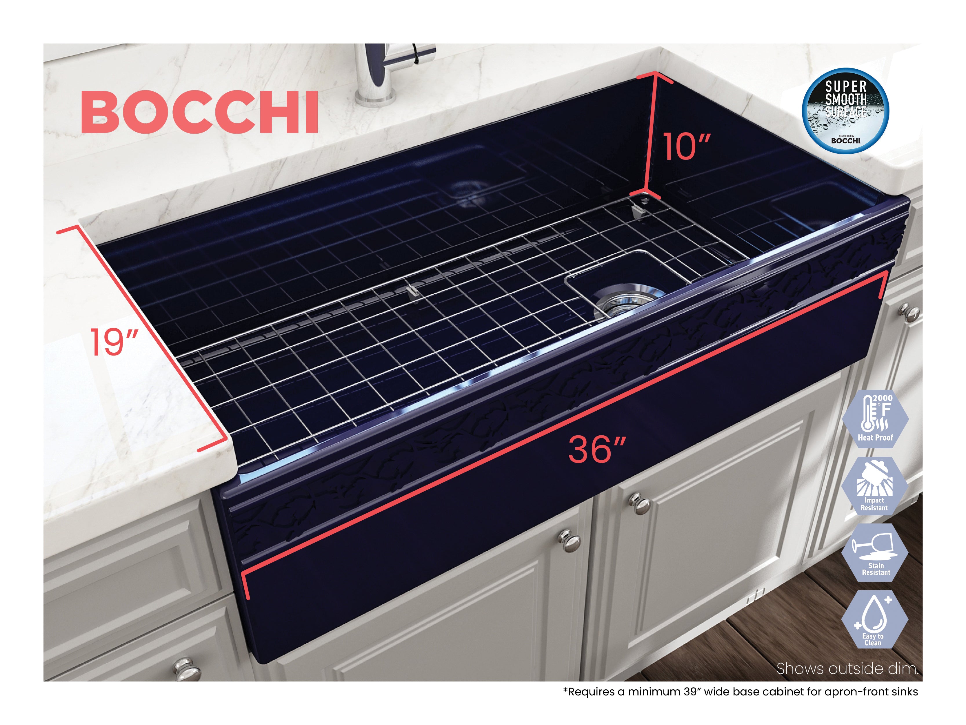 BOCCHI Vigneto 36" Fireclay Farmhouse Apron Single Bowl Kitchen Sink, Sapphire Blue, 1355-010-0120