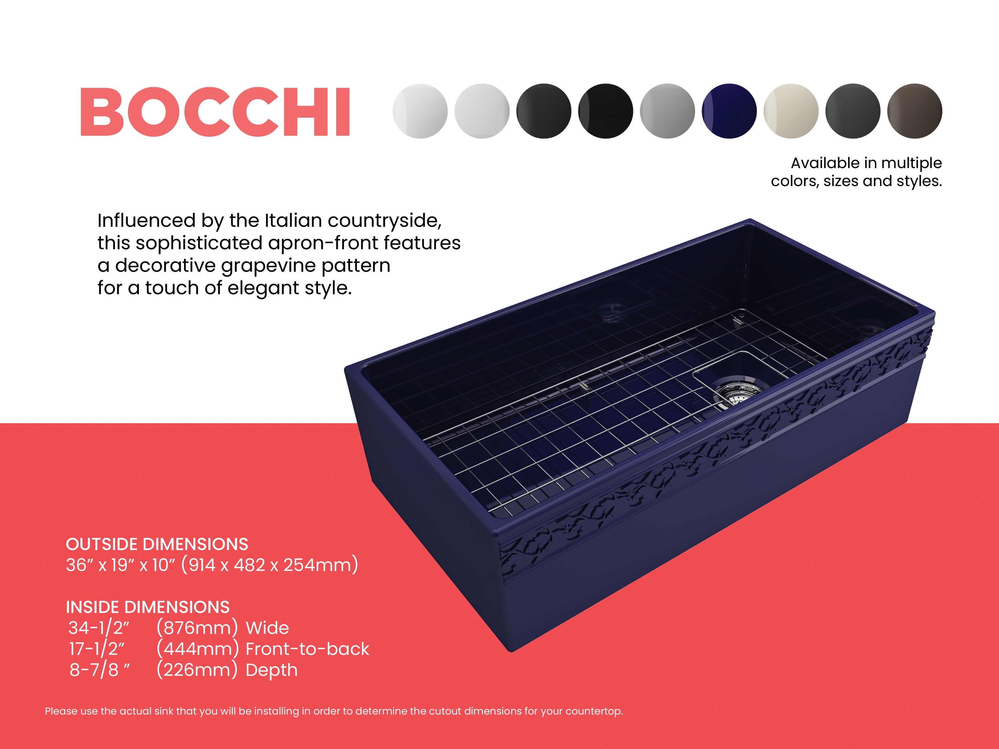 Alternate Image for BOCCHI Vigneto 36" Fireclay Farmhouse Apron Single Bowl Kitchen Sink, Sapphire Blue, 1355-010-0120