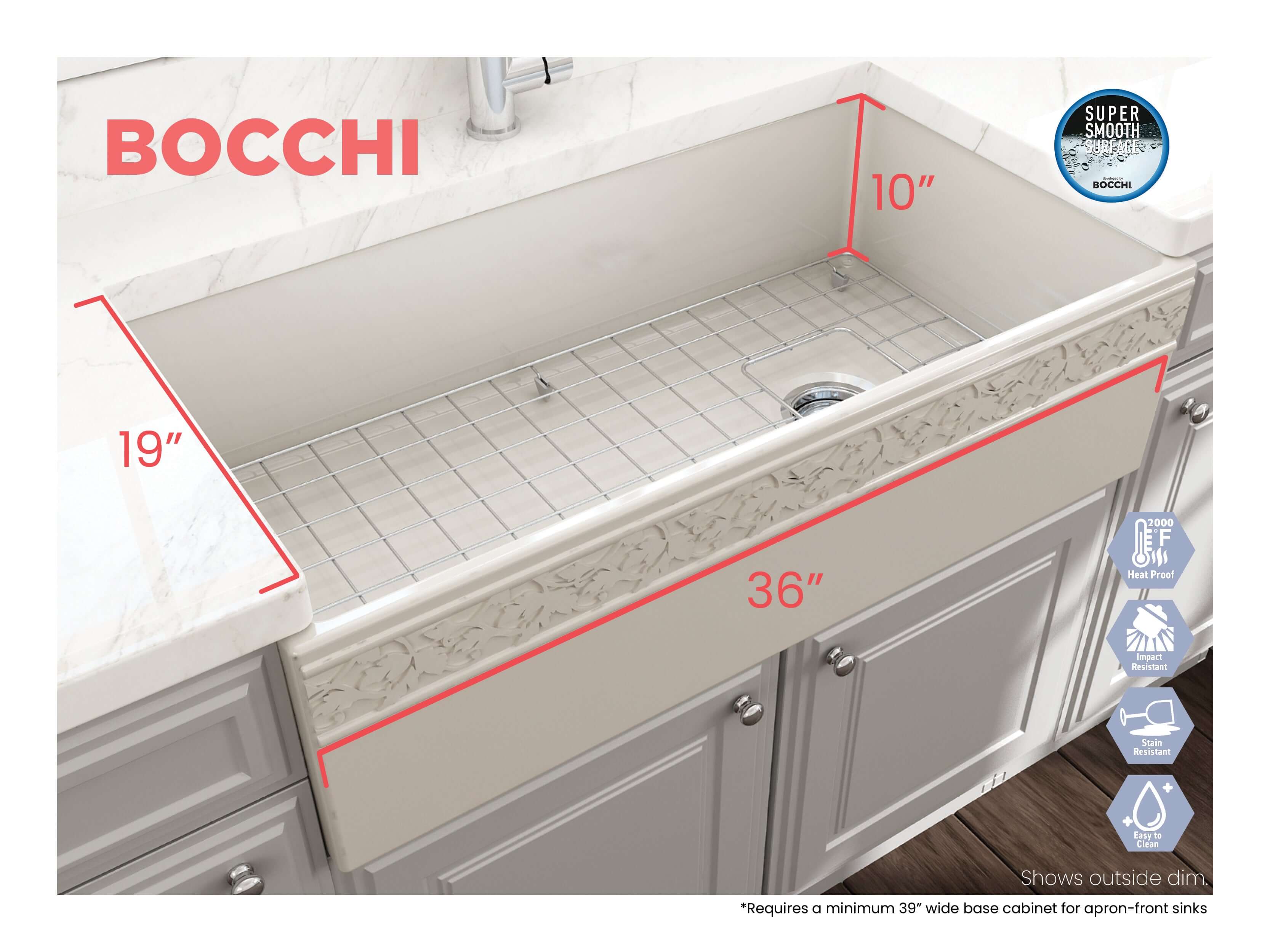 Alternate Image for BOCCHI Vigneto 36" Fireclay Farmhouse Apron Single Bowl Kitchen Sink, Biscuit, 1355-014-0120