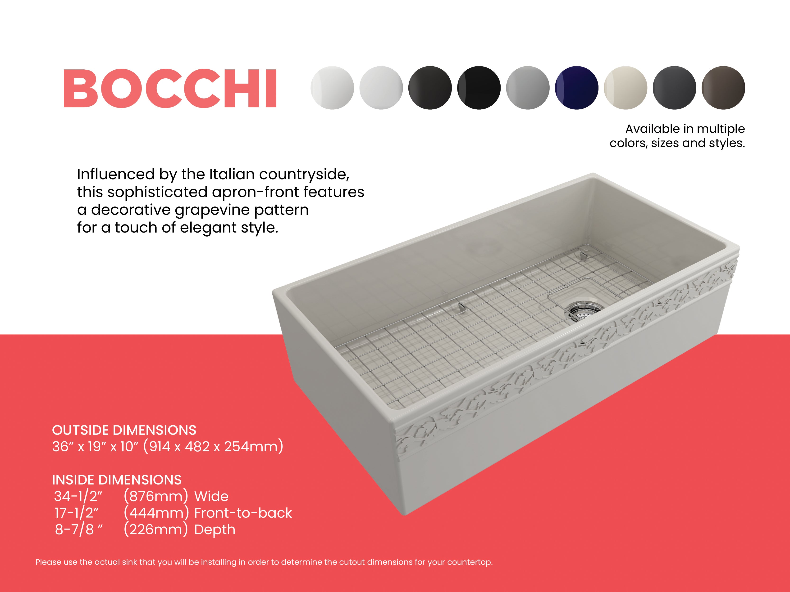 Alternate Image for BOCCHI Vigneto 36" Fireclay Farmhouse Apron Single Bowl Kitchen Sink, Biscuit, 1355-014-0120