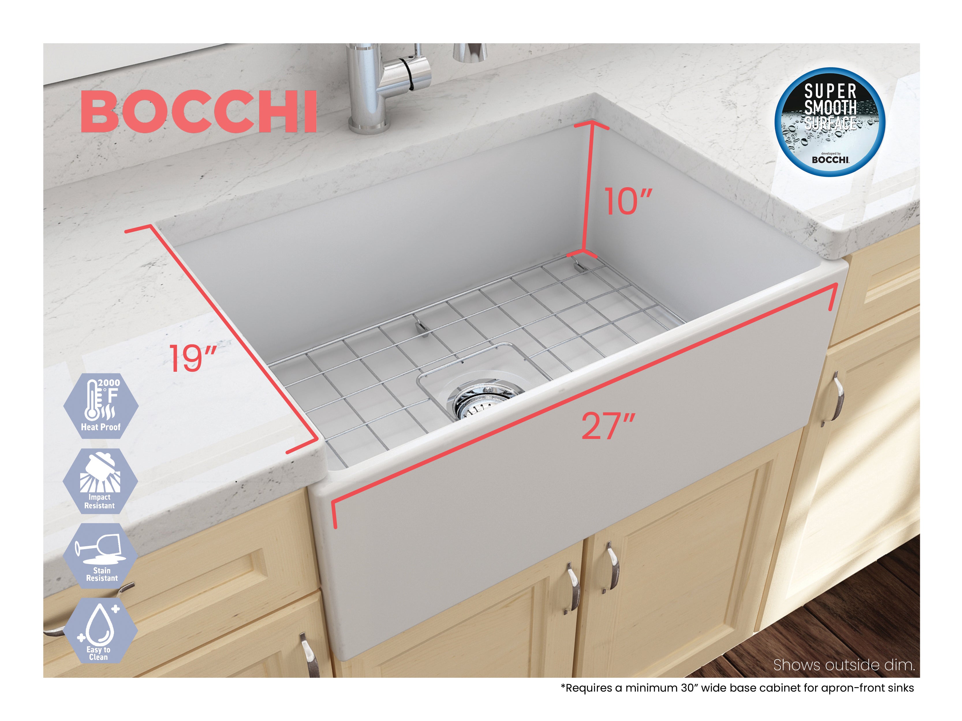 BOCCHI Contempo 27" Fireclay Farmhouse Apron Single Bowl Kitchen Sink, Matte White, 1356-002-0120