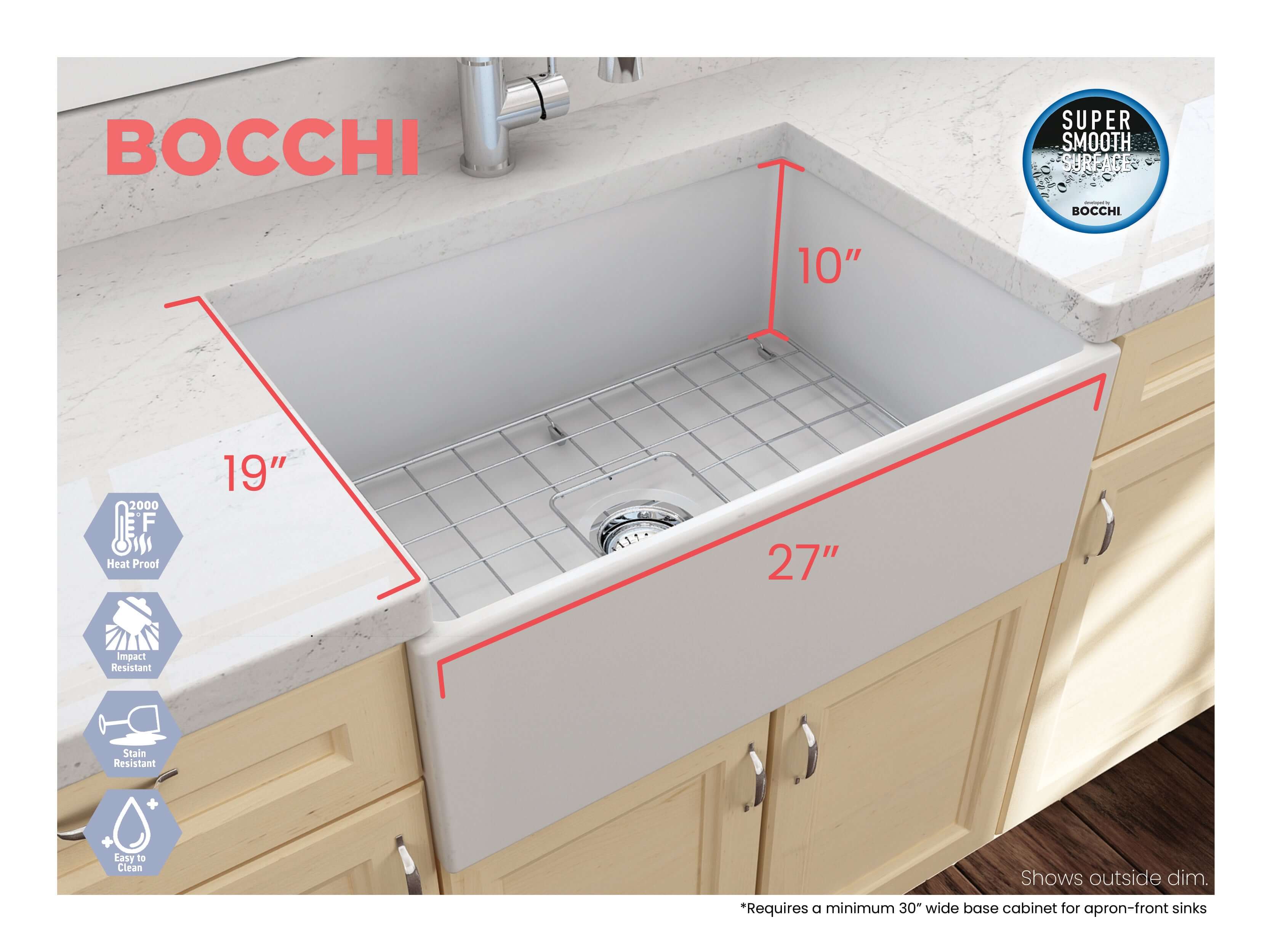 Alternate Image for BOCCHI Contempo 27" Fireclay Farmhouse Apron Single Bowl Kitchen Sink, Matte White, 1356-002-0120