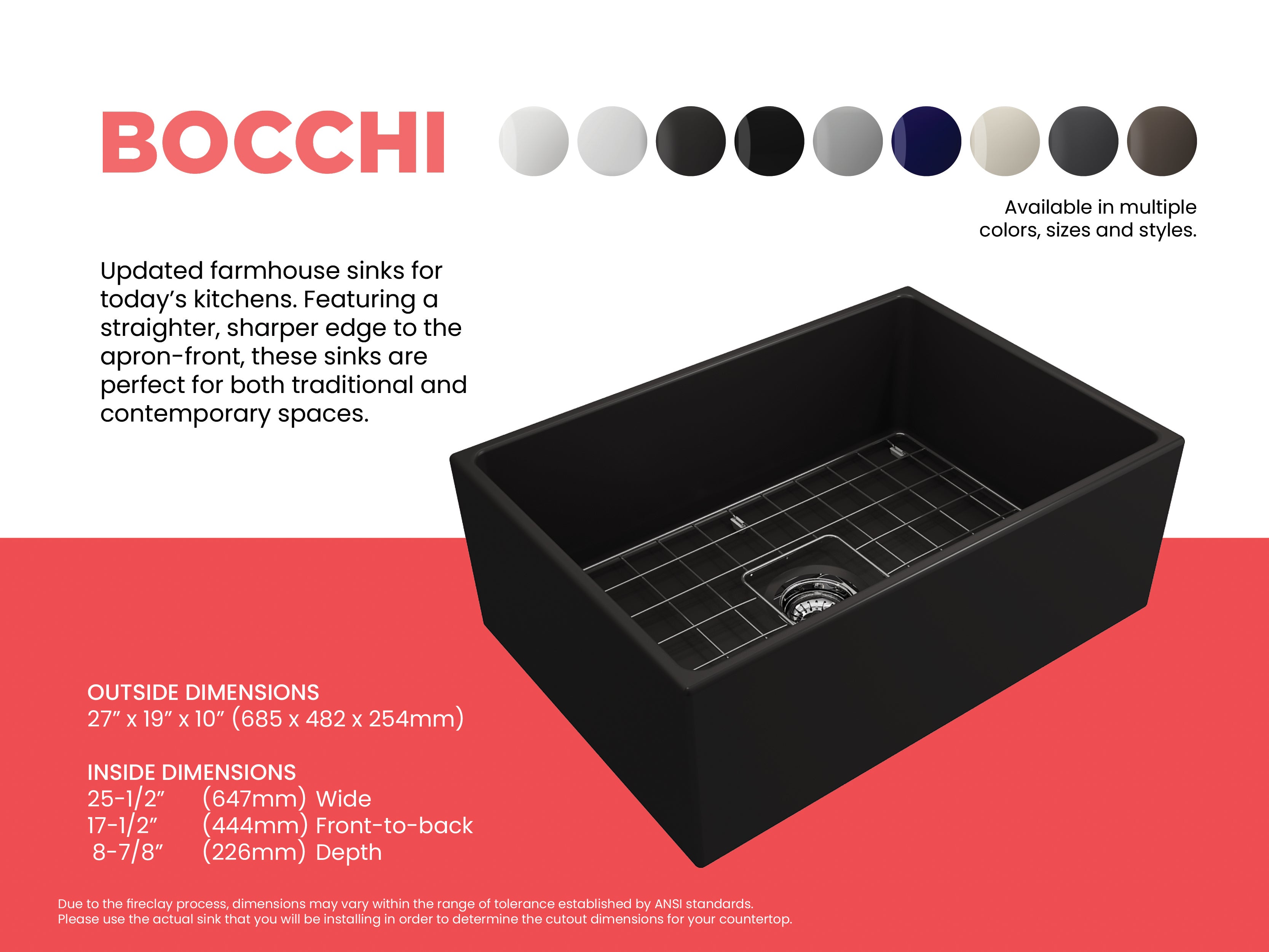 Alternate Image for BOCCHI Contempo 27" Fireclay Farmhouse Apron Single Bowl Kitchen Sink, Matte Black, 1356-004-0120