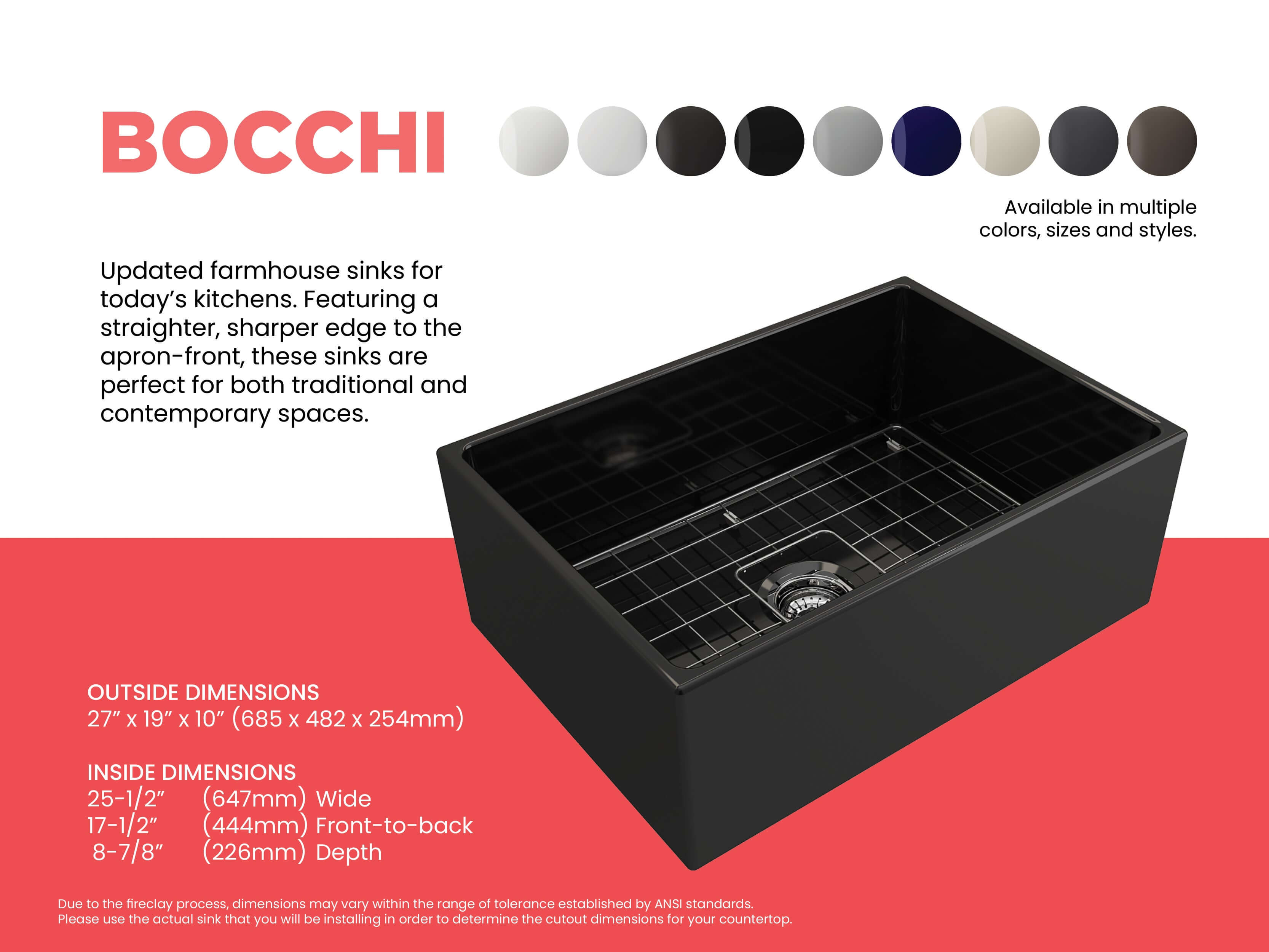 Alternate Image for BOCCHI Contempo 27" Fireclay Farmhouse Apron Single Bowl Kitchen Sink, Black, 1356-005-0120