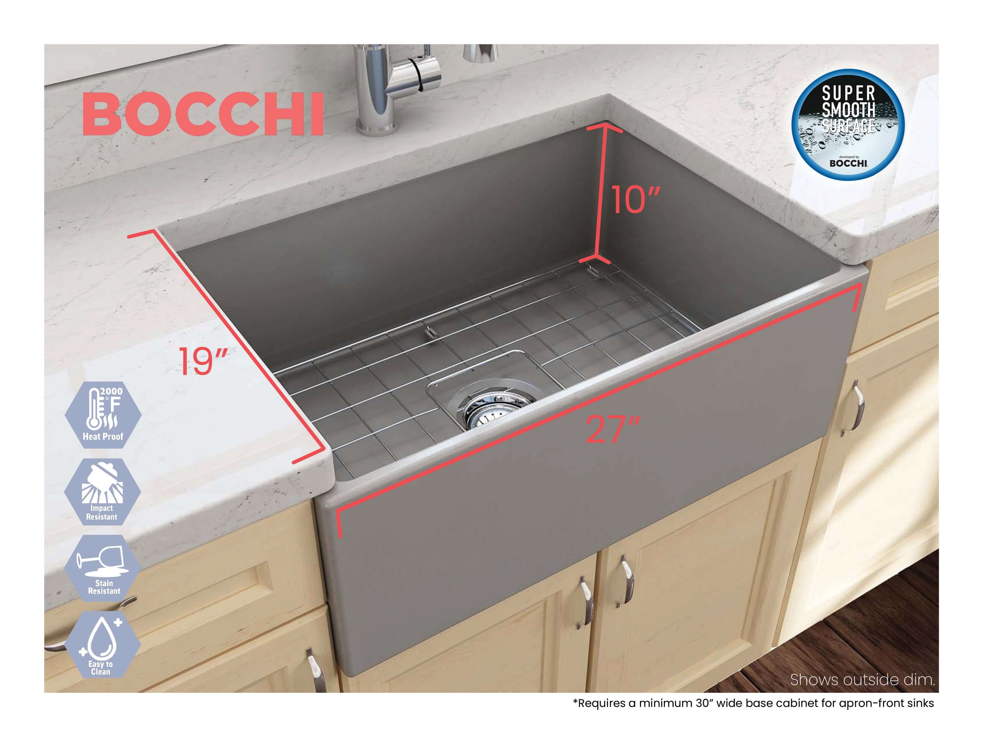 Alternate Image for BOCCHI Contempo 27" Fireclay Farmhouse Apron Single Bowl Kitchen Sink, Matte Gray, 1356-006-0120