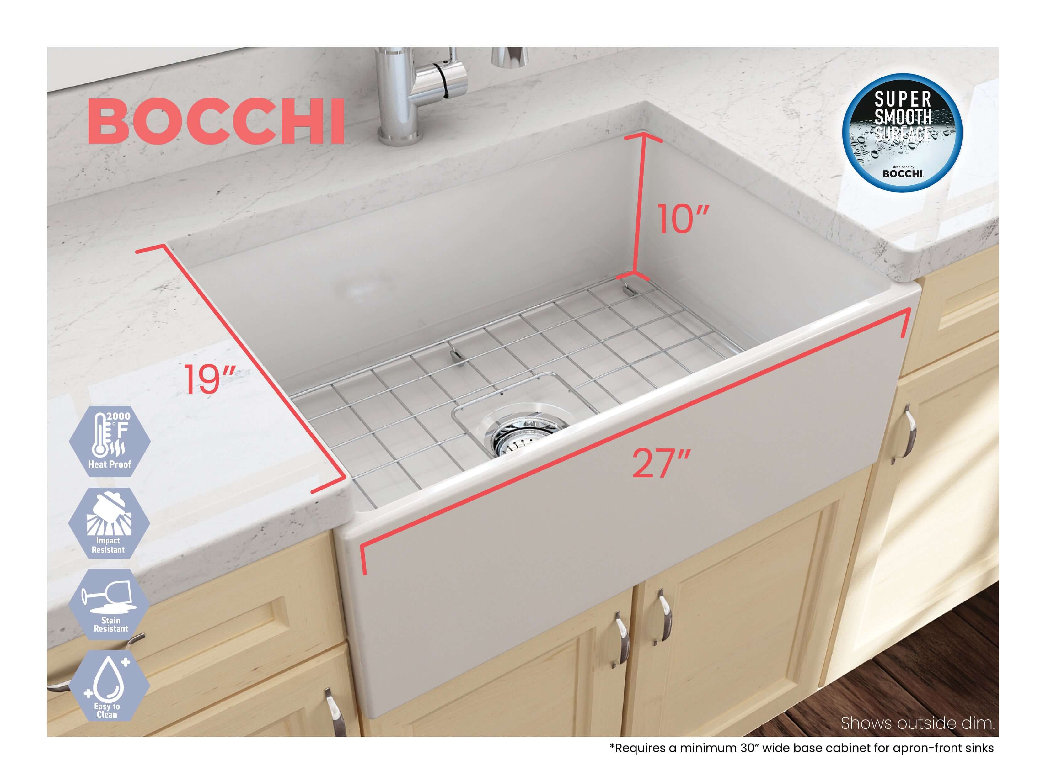 Alternate Image for BOCCHI Contempo 27" Fireclay Farmhouse Apron Single Bowl Kitchen Sink, Biscuit, 1356-014-0120