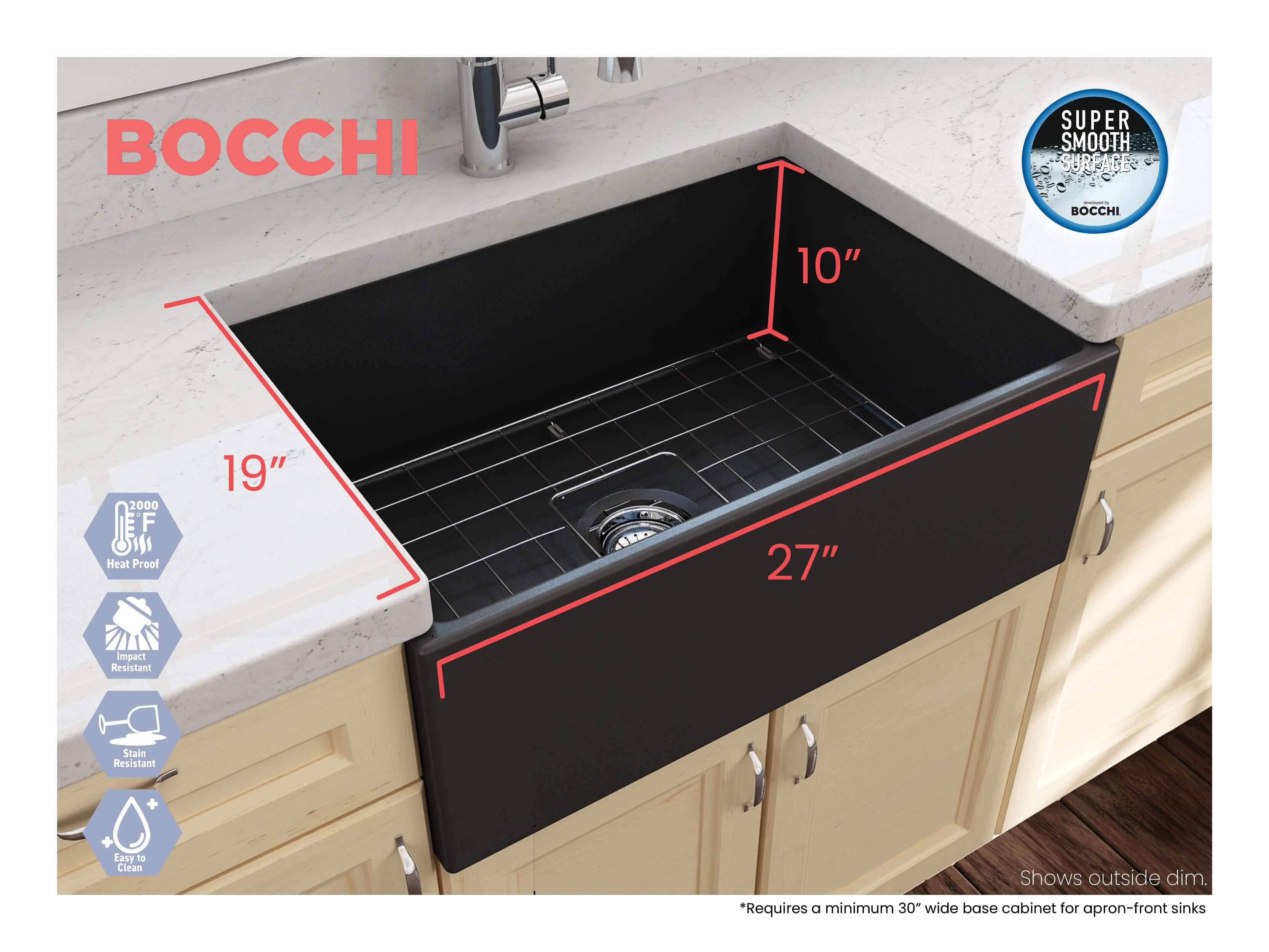 Alternate Image for BOCCHI Contempo 27" Fireclay Farmhouse Apron Single Bowl Kitchen Sink, Matte Dark Gray, 1356-020-0120