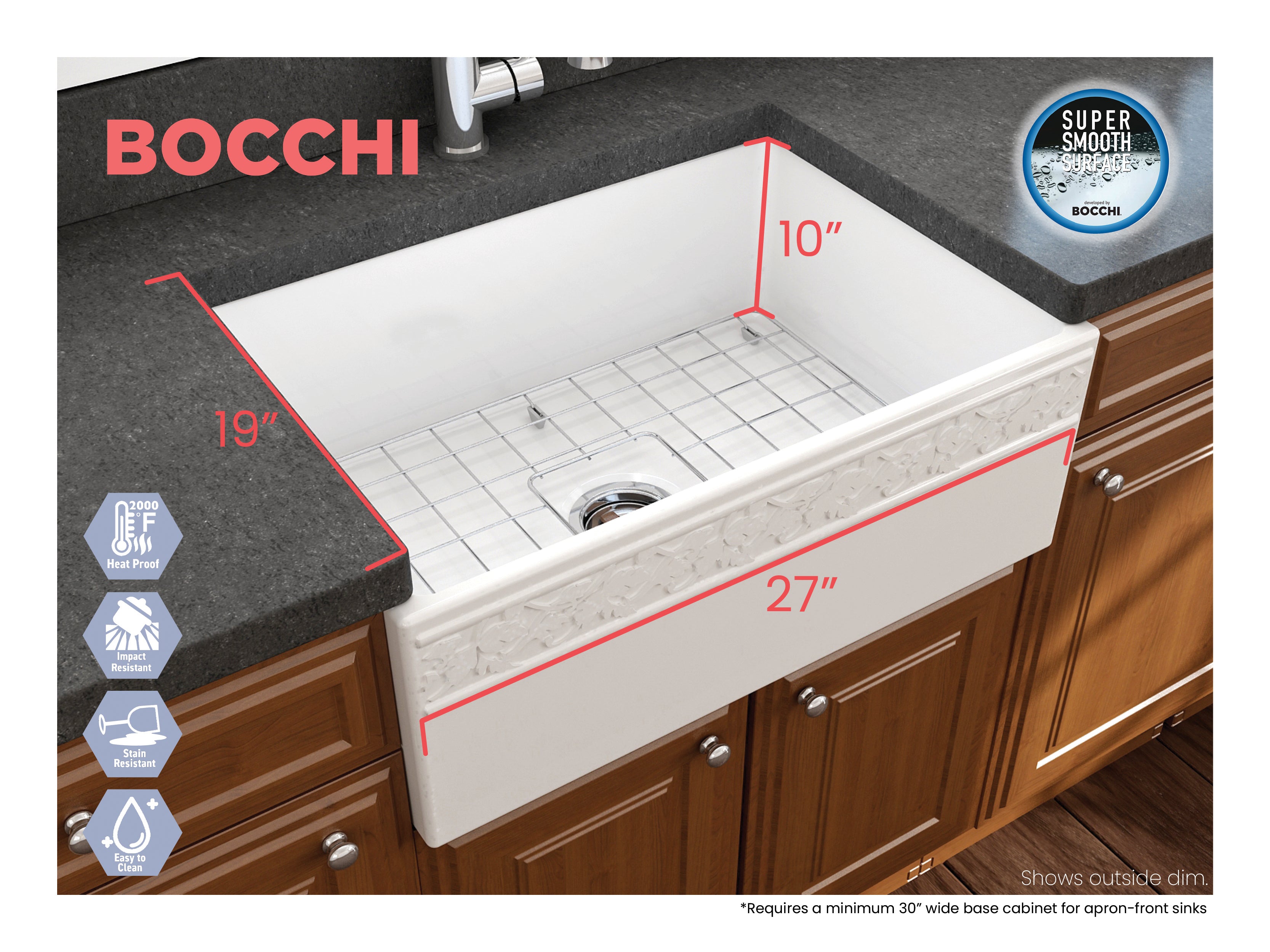 BOCCHI Vigneto 27" Fireclay Farmhouse Apron Single Bowl Kitchen Sink, White, 1357-001-0120