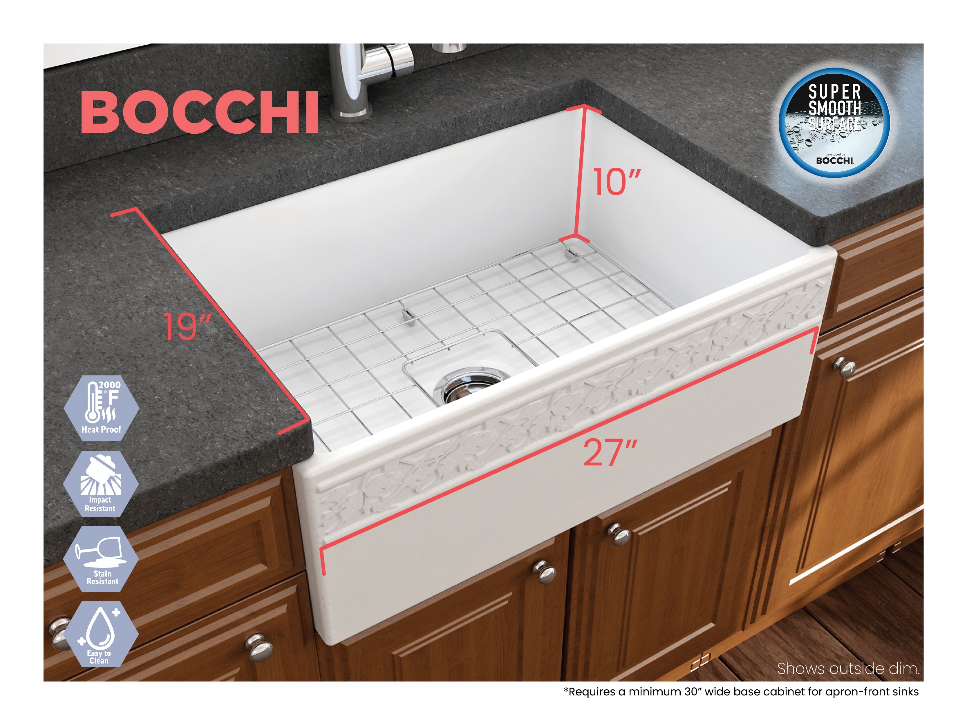 Alternate Image for BOCCHI Vigneto 27" Fireclay Farmhouse Apron Single Bowl Kitchen Sink, Matte White, 1357-002-0120